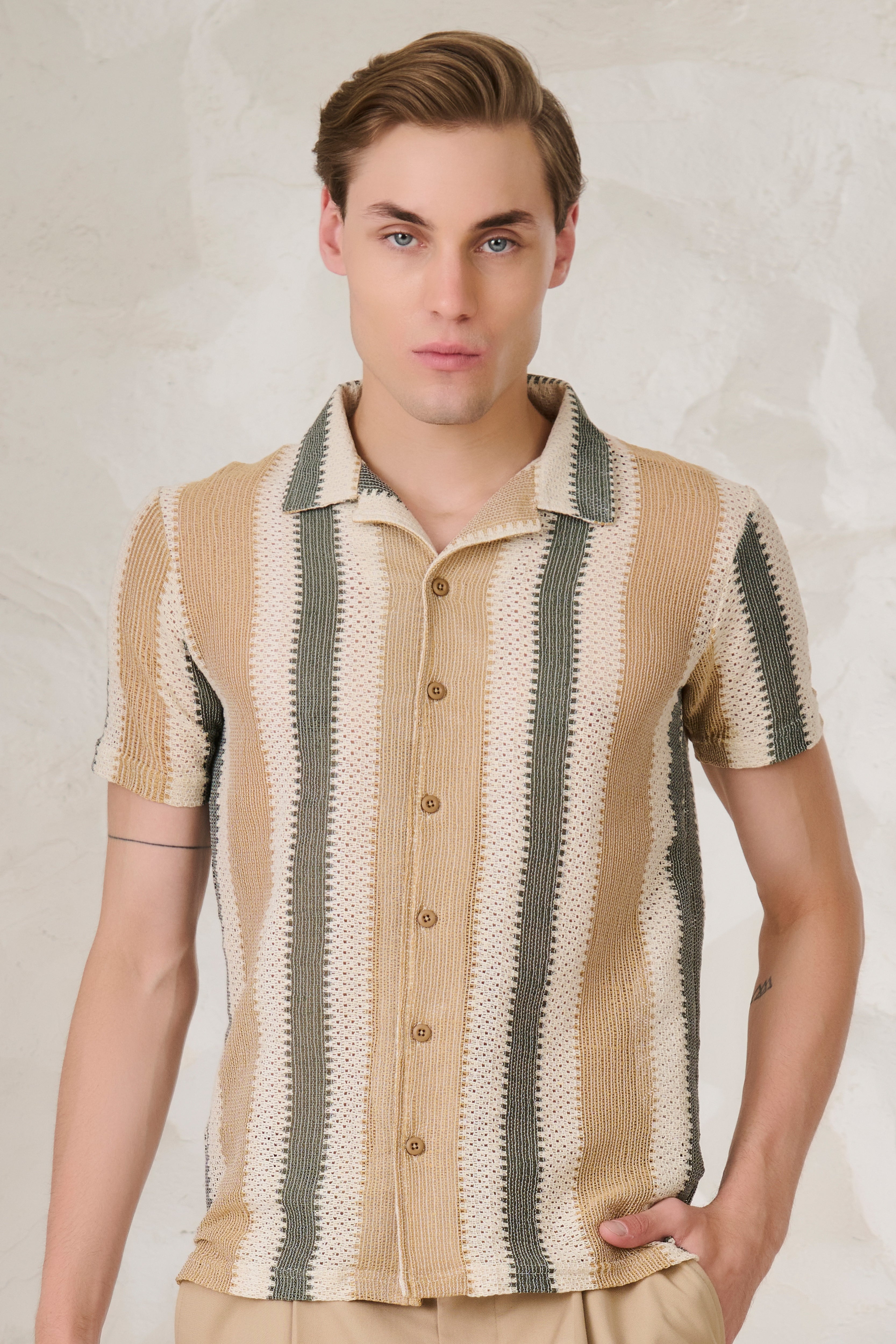 Buy Air Vents Stripe Cuban Shirt - Khaki Online Shopping view 1