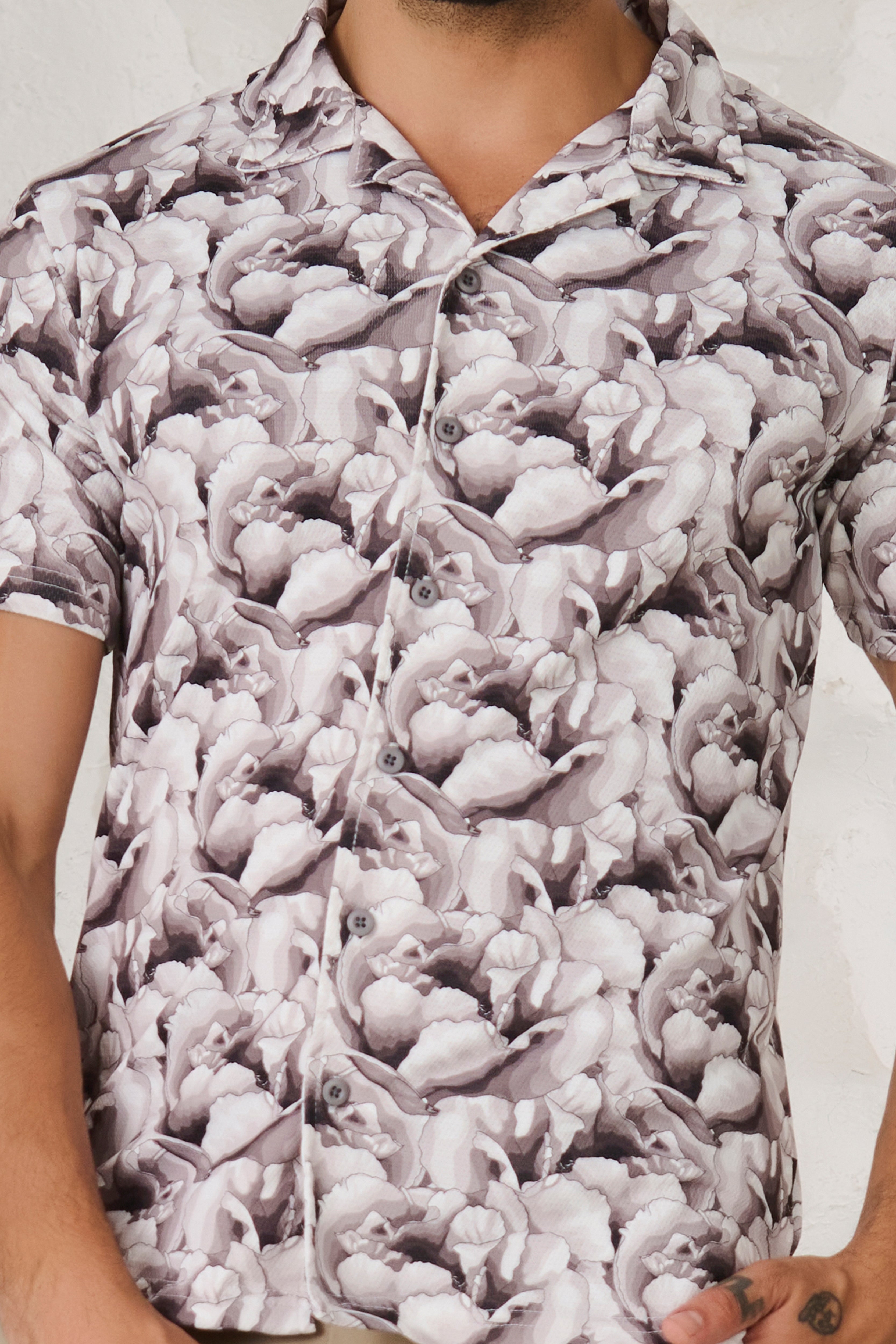 Buy Monochrome Flower Cuban Shirt-Black Online Shopping view 3