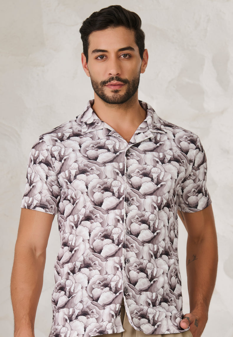 Monochrome Flower Cuban Shirt-Black