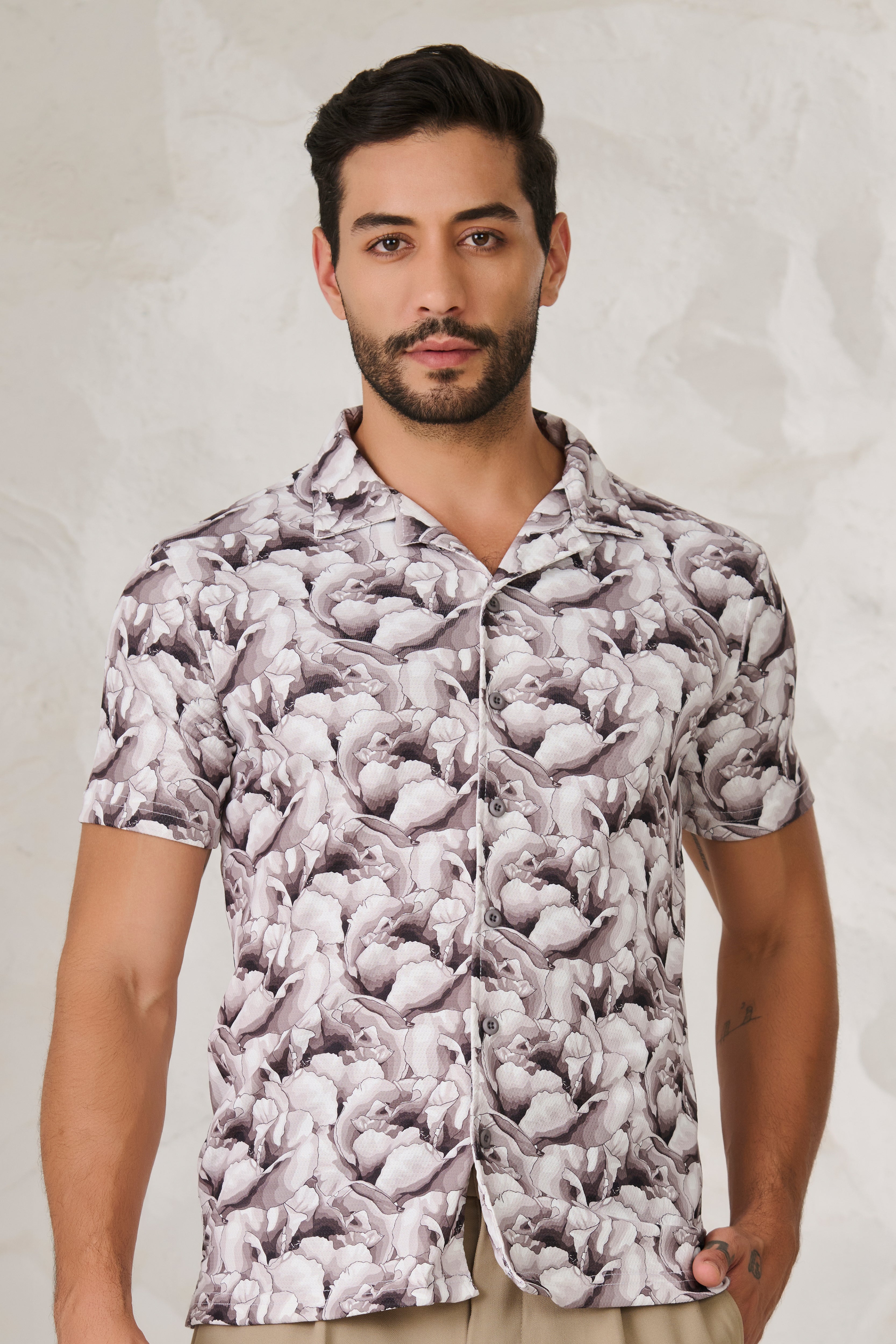 Buy Monochrome Flower Cuban Shirt-Black Online Shopping view 1