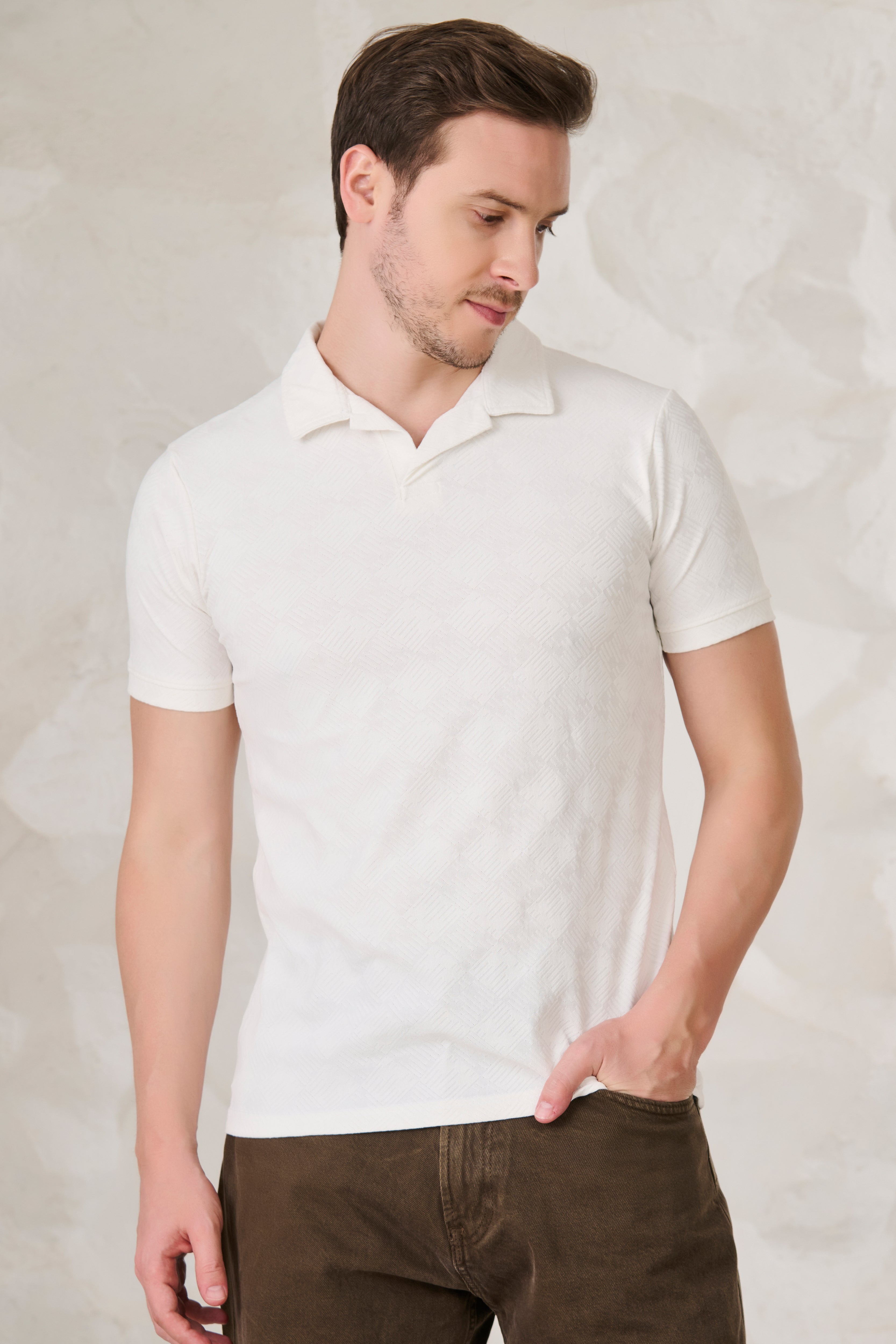 Buy Square Tiles Textured Cuban T-Shirt - White Online Shopping view 2