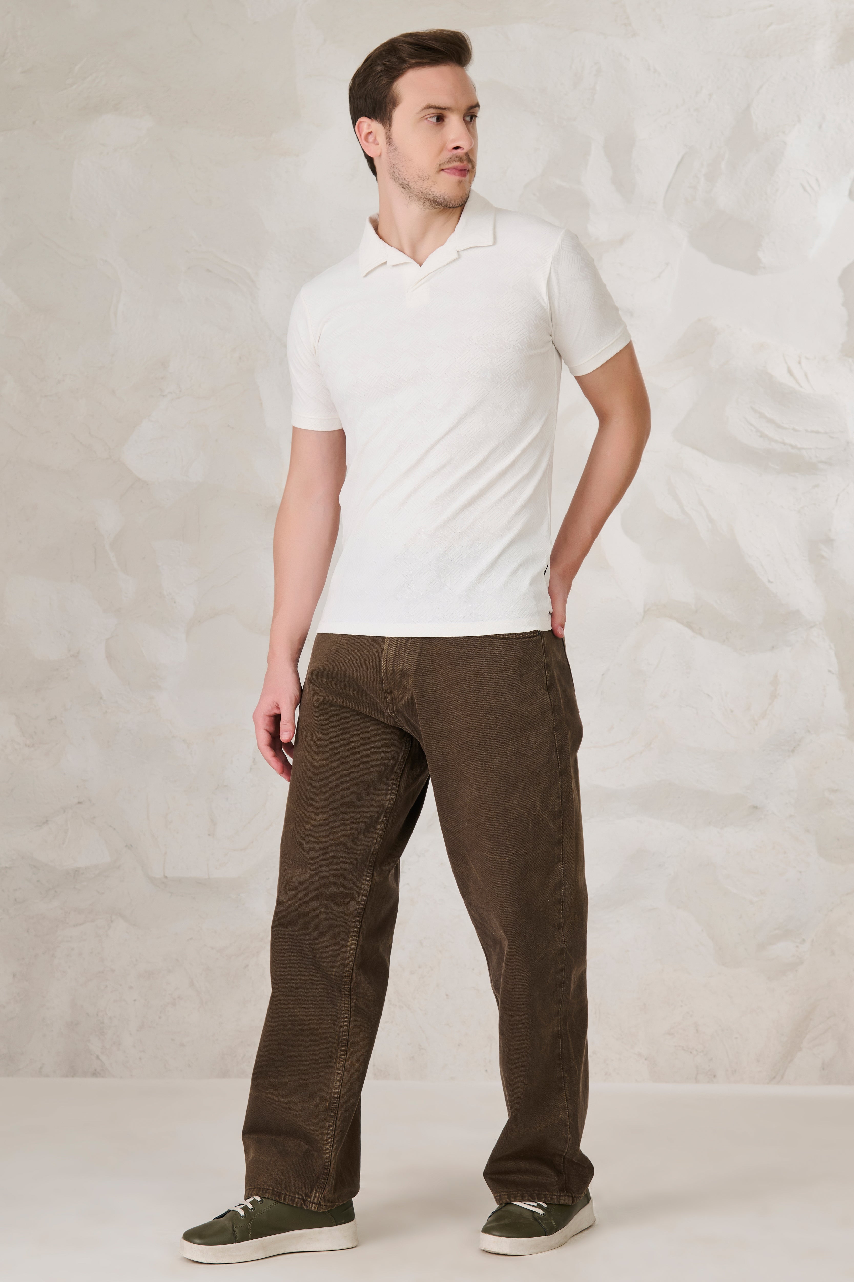 Buy Square Tiles Textured Cuban T-Shirt - White Online Shopping view 5