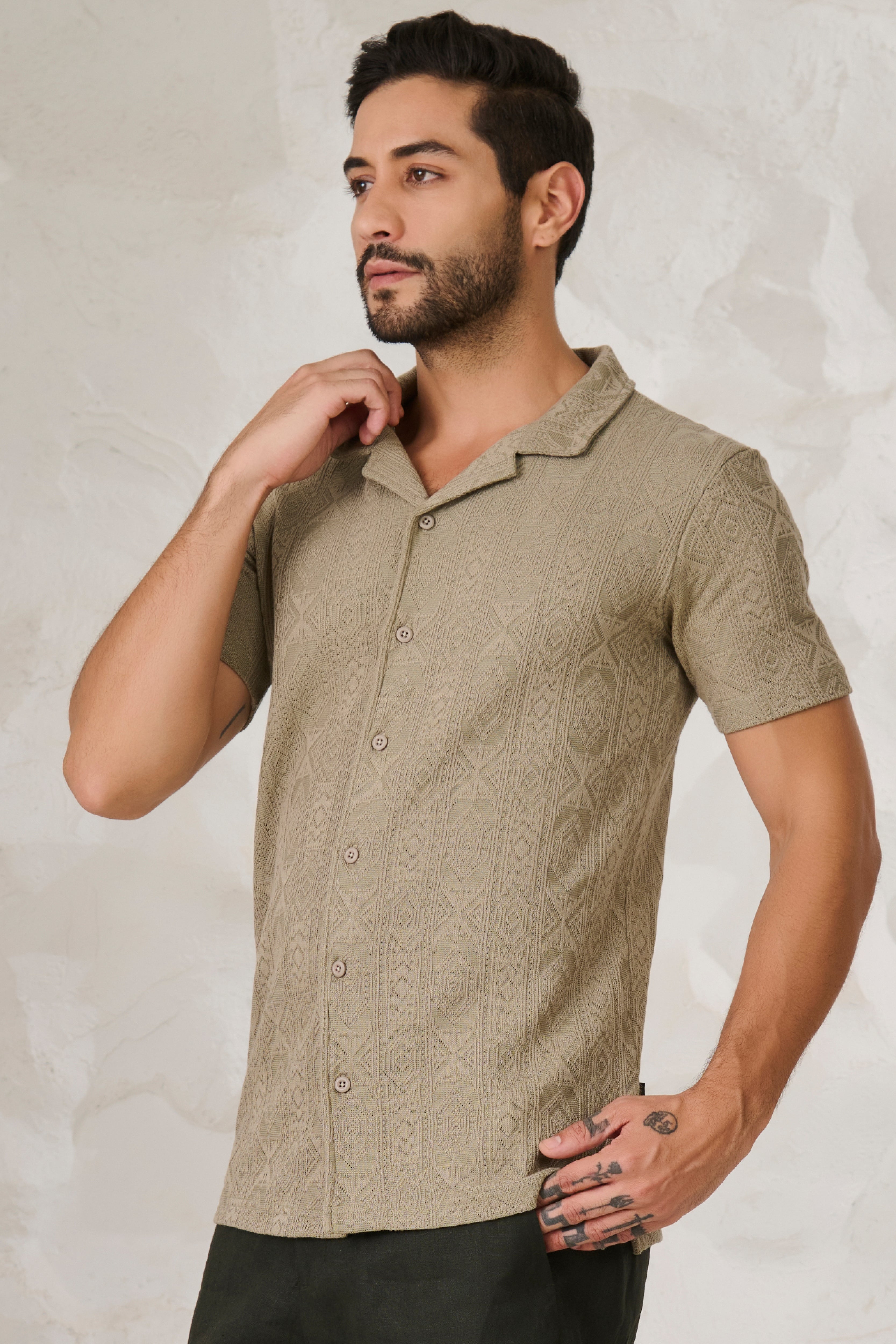 Buy Geometric Textured Stretch Cuban Shirt - Pista Online Shopping view 2