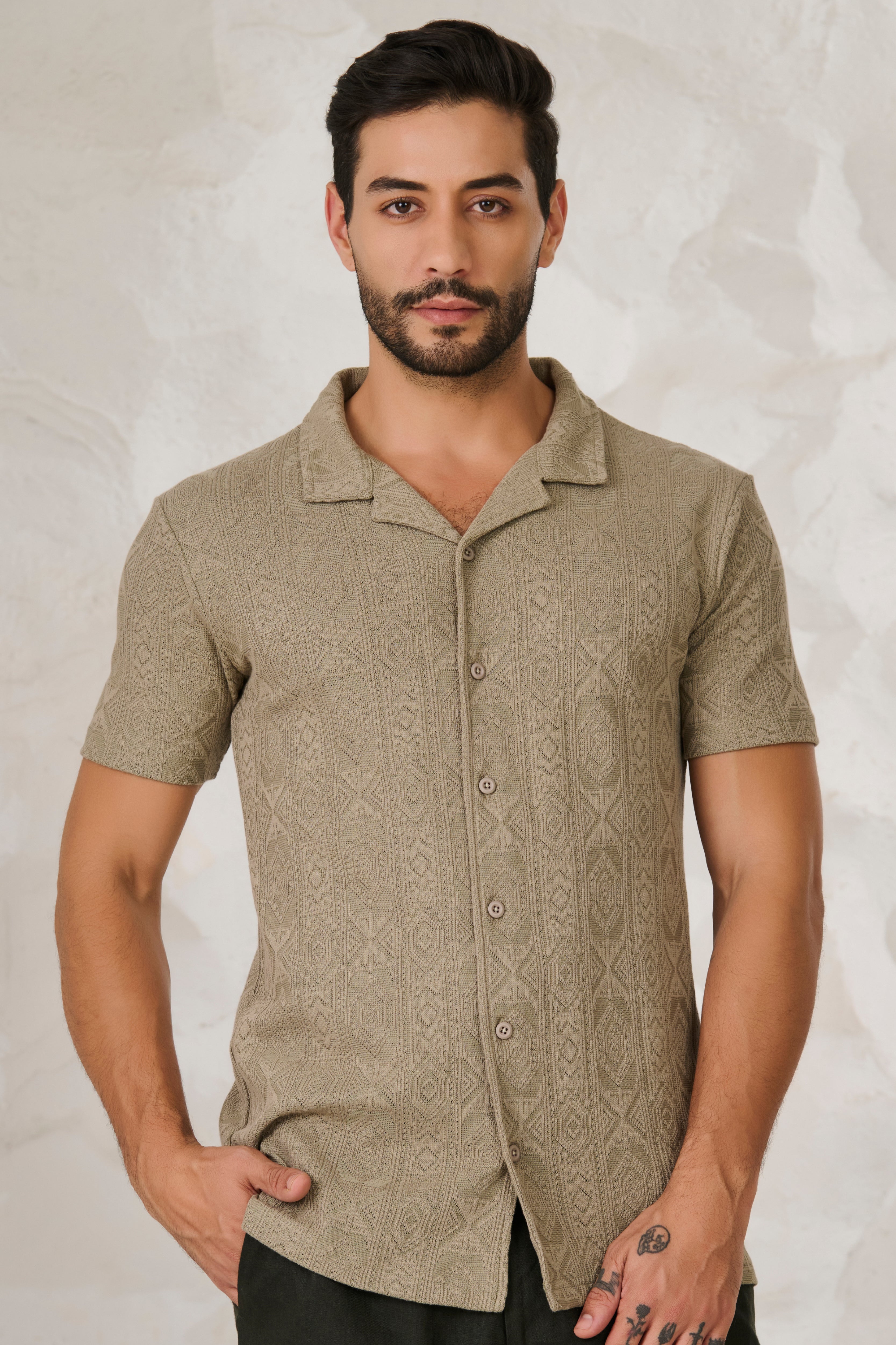 Buy Geometric Textured Stretch Cuban Shirt - Pista Online Shopping view 1