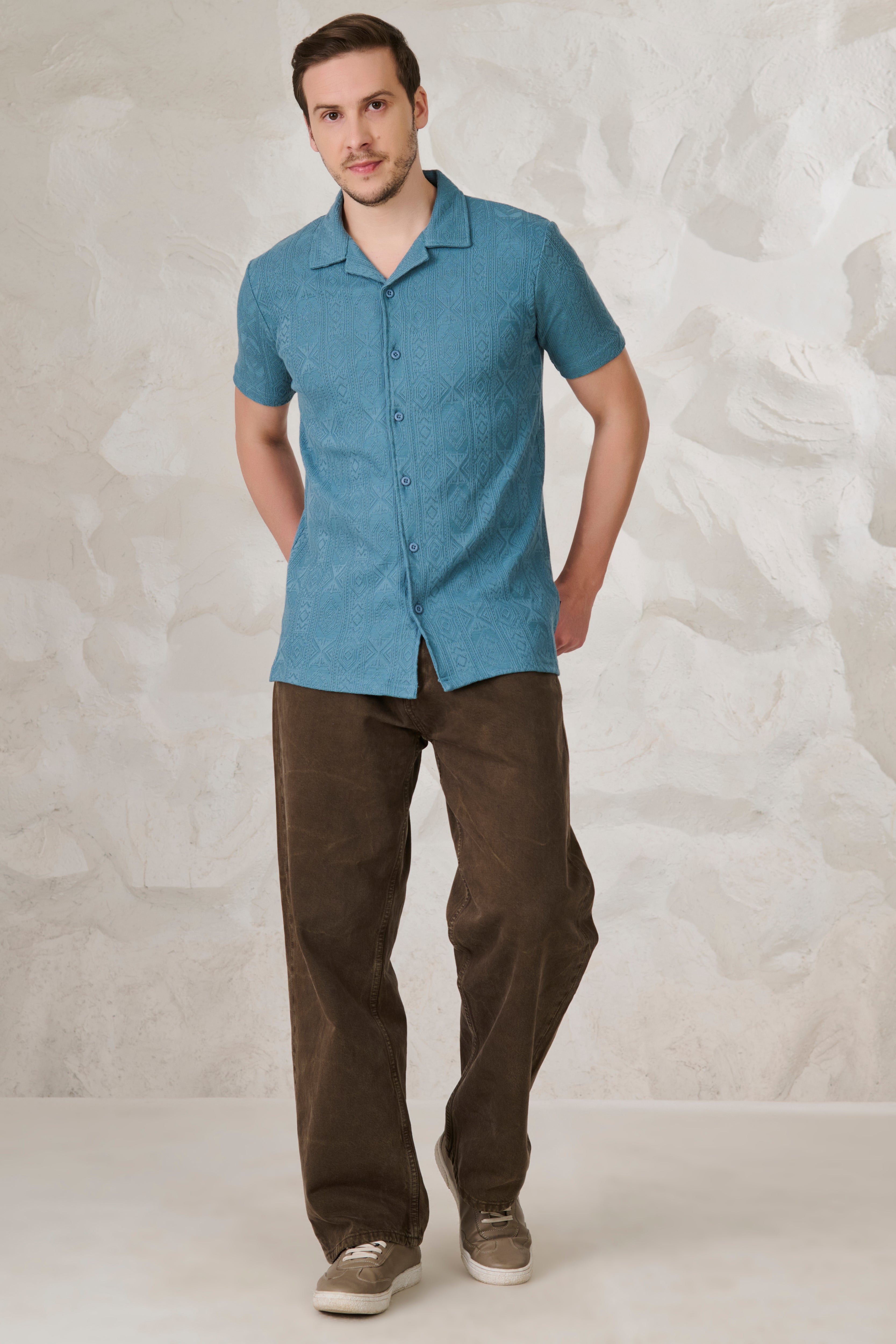 Buy Geometric Textured Stretch Cuban Shirt - Teal Online Shopping view 5