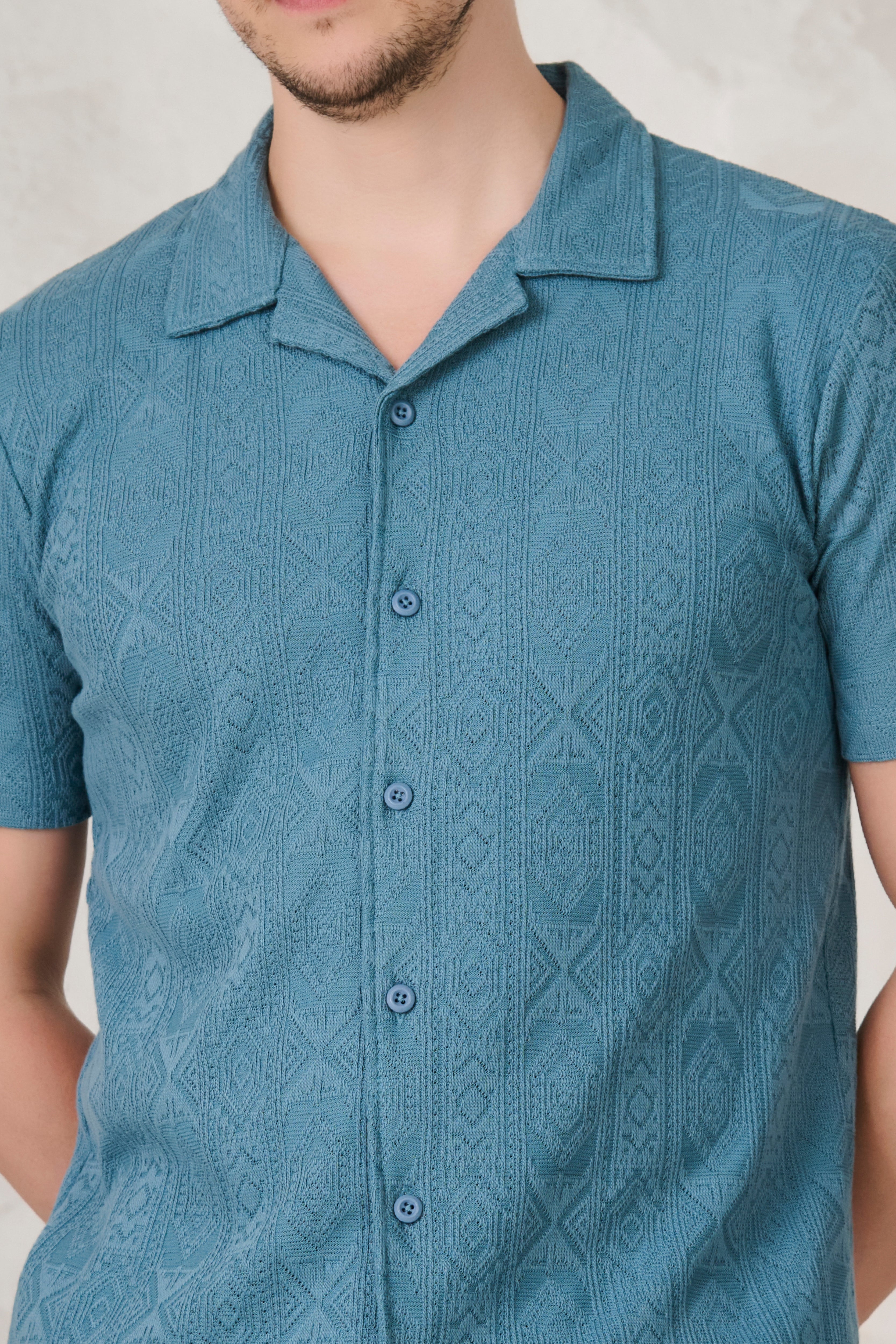 Buy Geometric Textured Stretch Cuban Shirt - Teal Online Shopping view 3