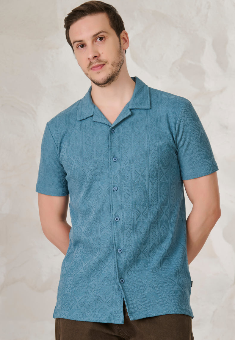 Geometric Textured Stretch Cuban Shirt - Teal