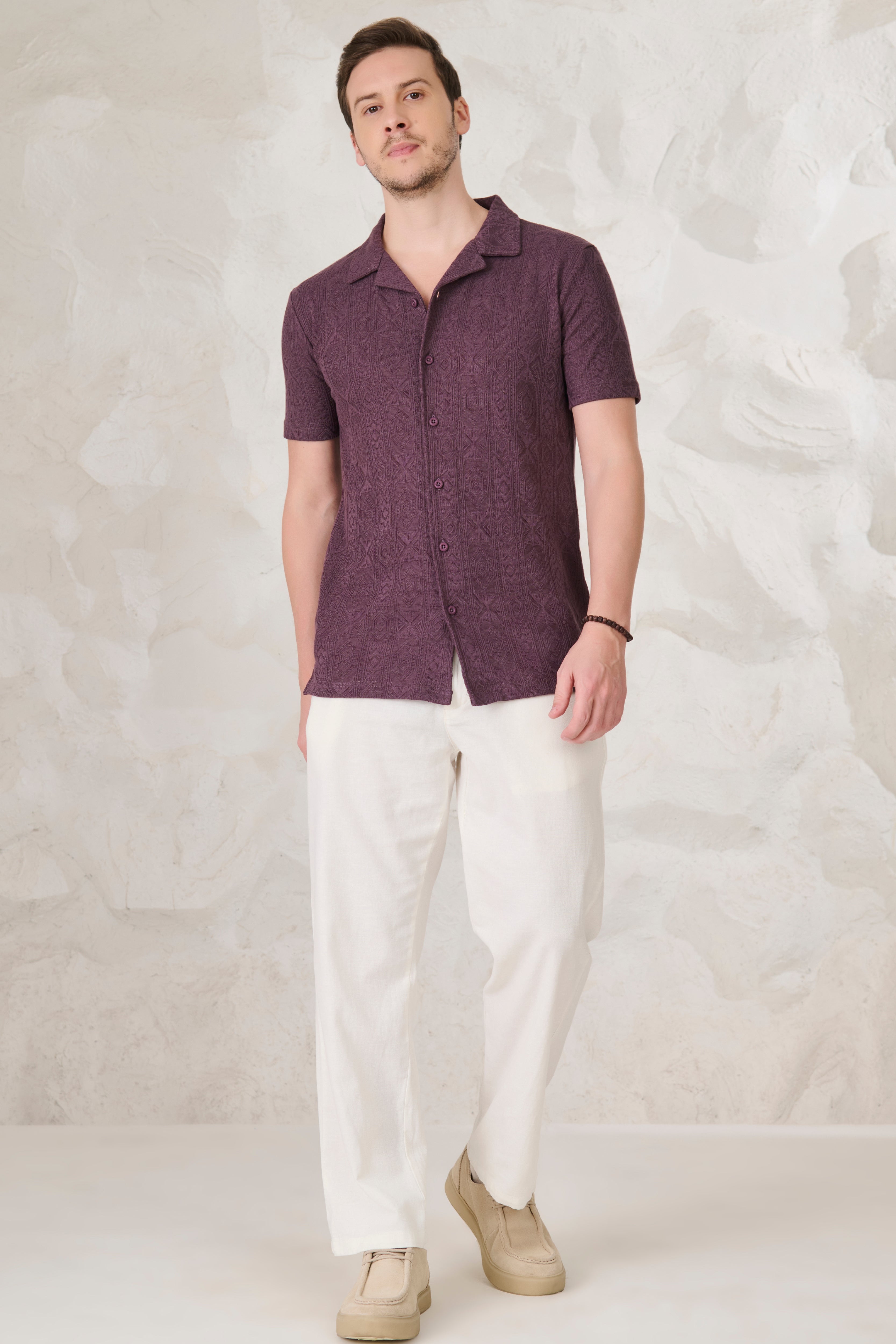Buy Geometric Textured Stretch Cuban Shirt - Wine Online Shopping view 5