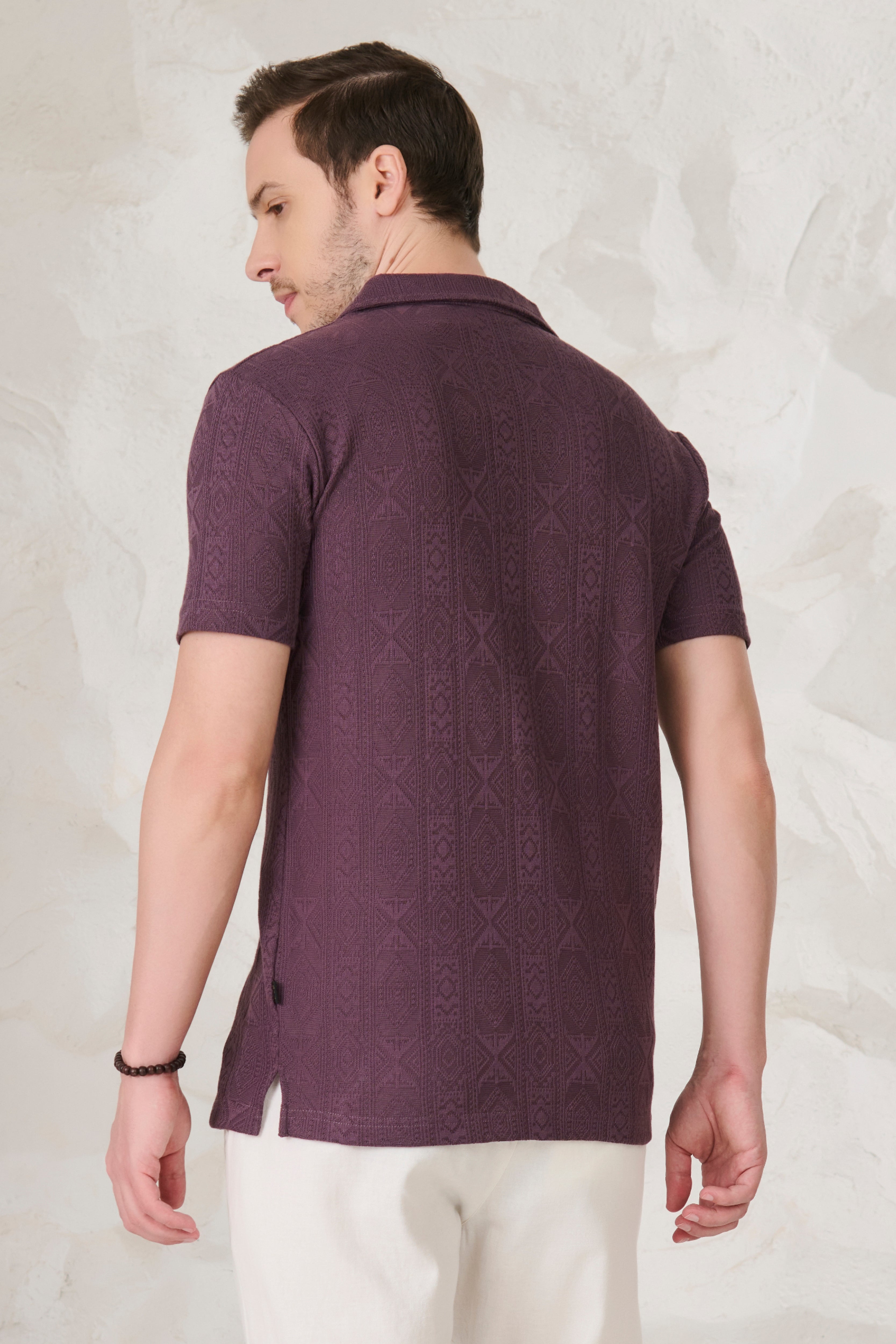 Buy Geometric Textured Stretch Cuban Shirt - Wine Online Shopping view 4