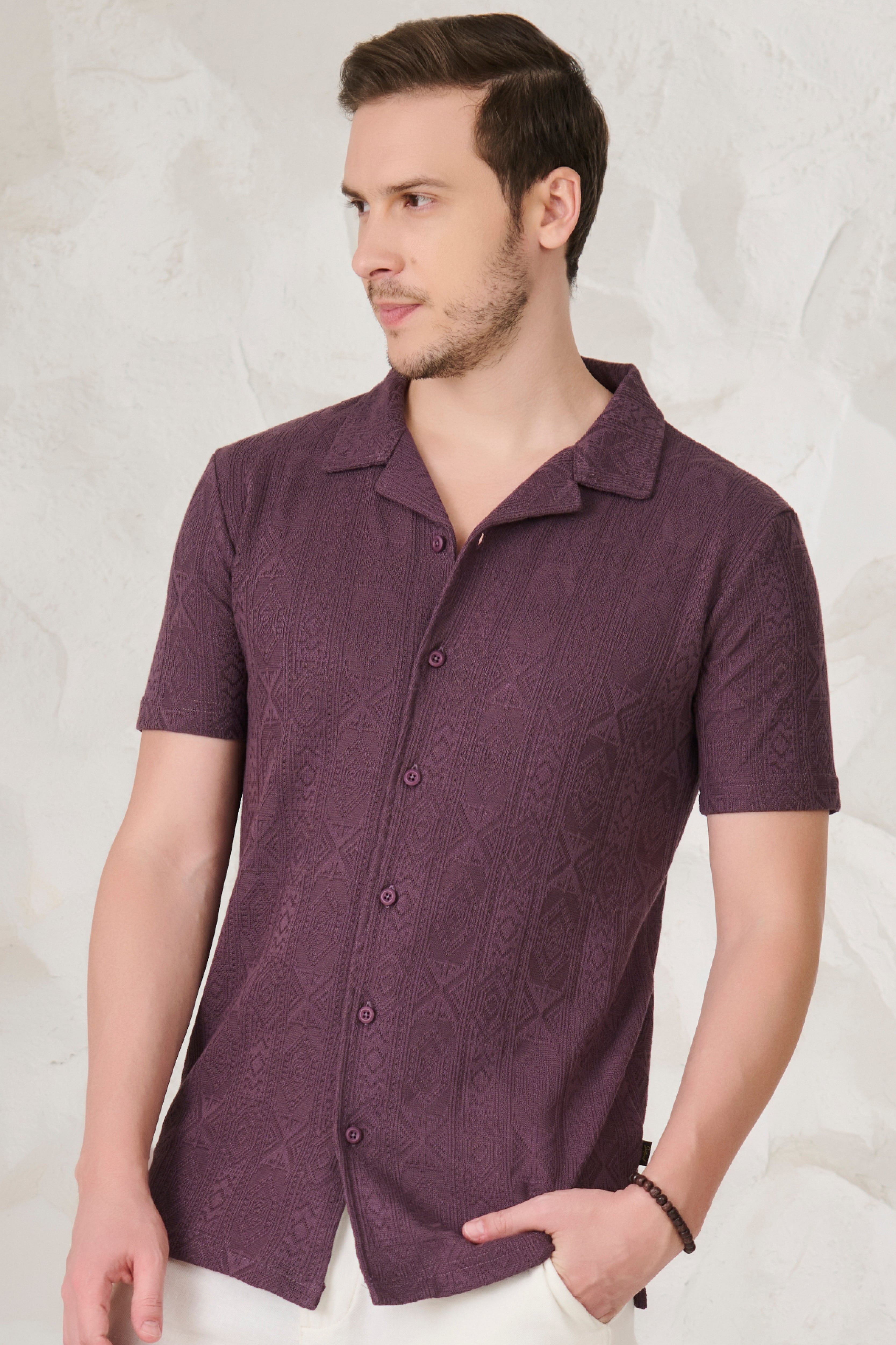 Buy Geometric Textured Stretch Cuban Shirt - Wine Online Shopping view 2