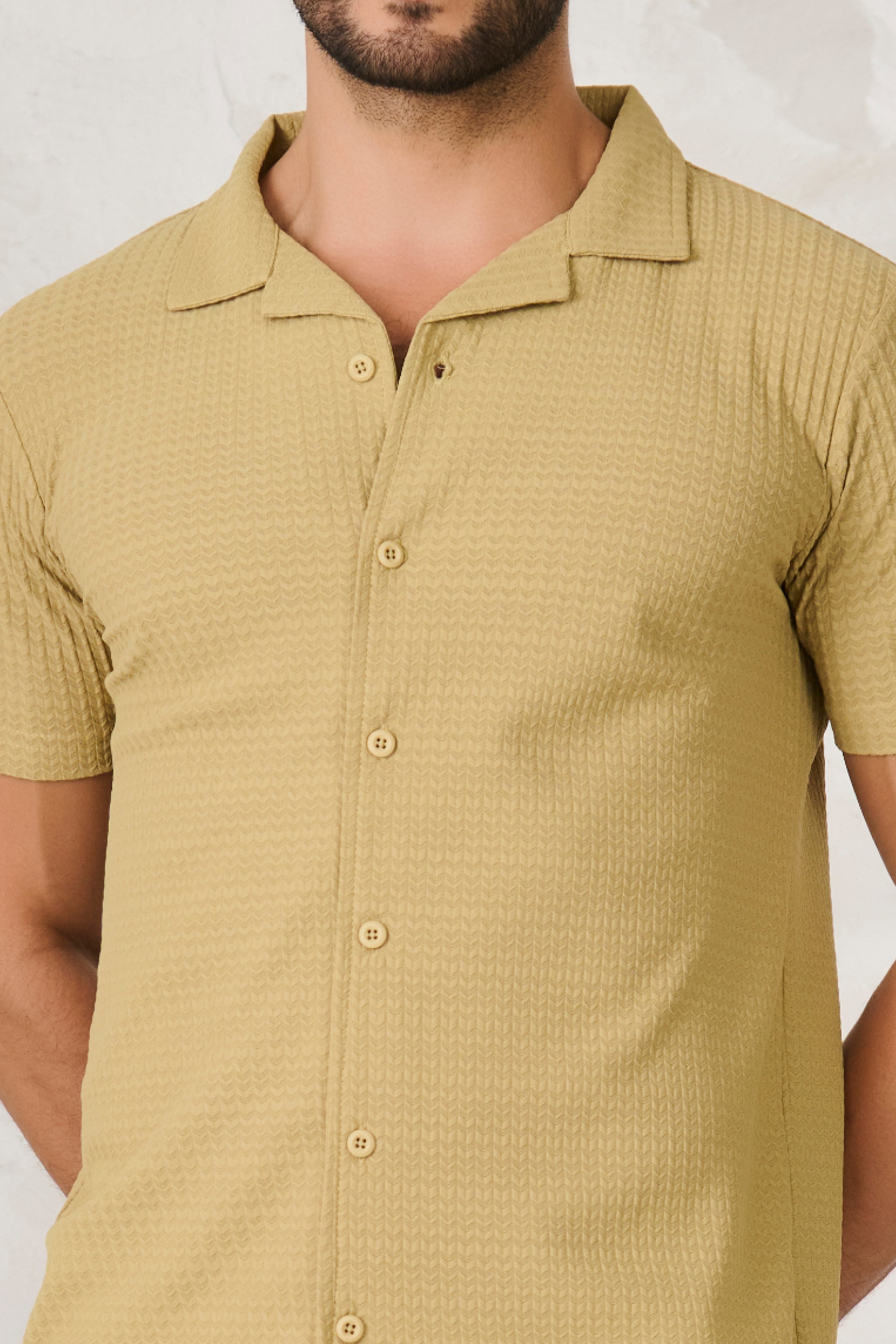 Buy Herringbone Textured Cuban Shirt - Mustard Green Online Shopping view 3