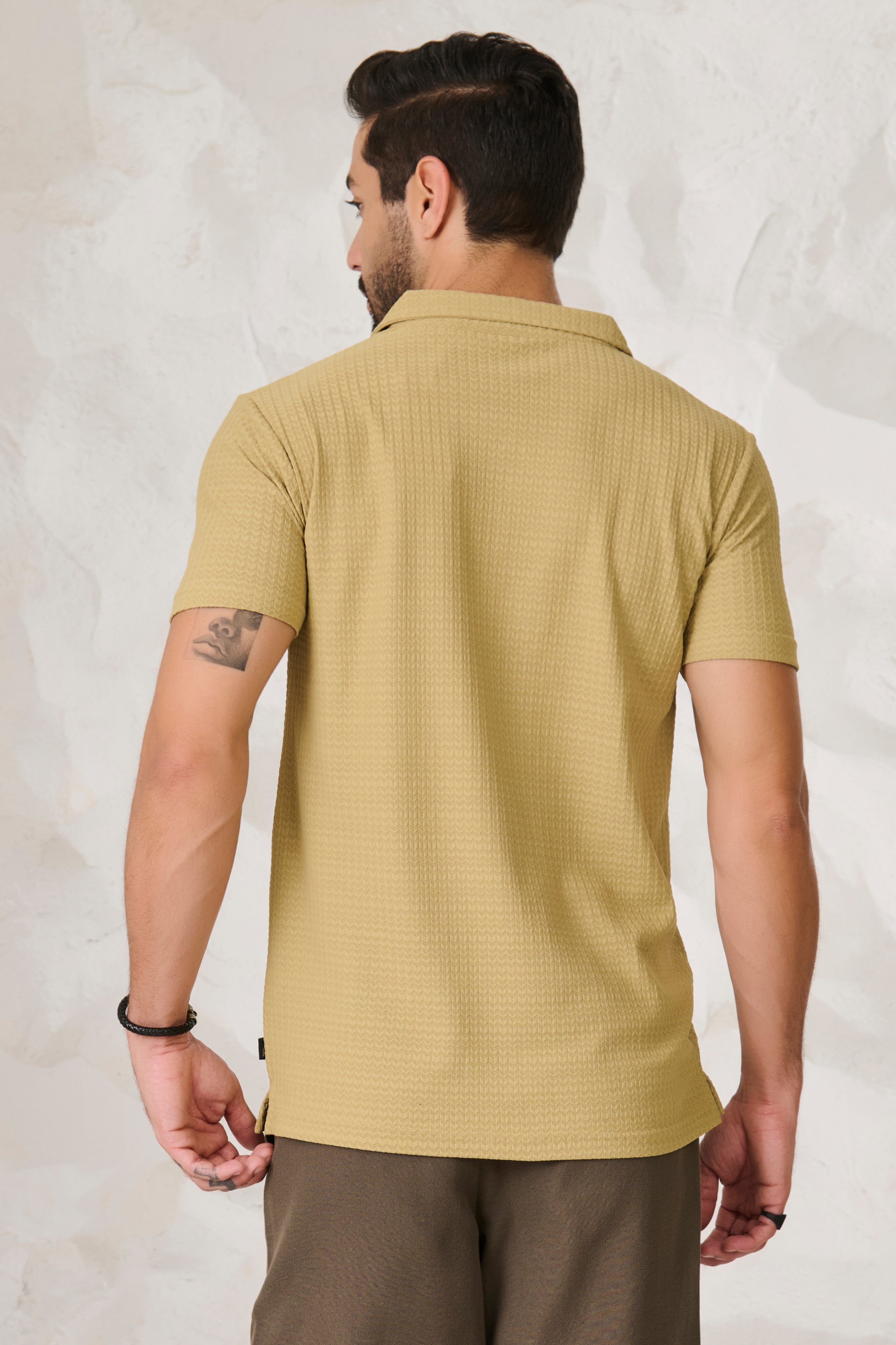 Buy Herringbone Textured Cuban Shirt - Mustard Green Online Shopping view 4