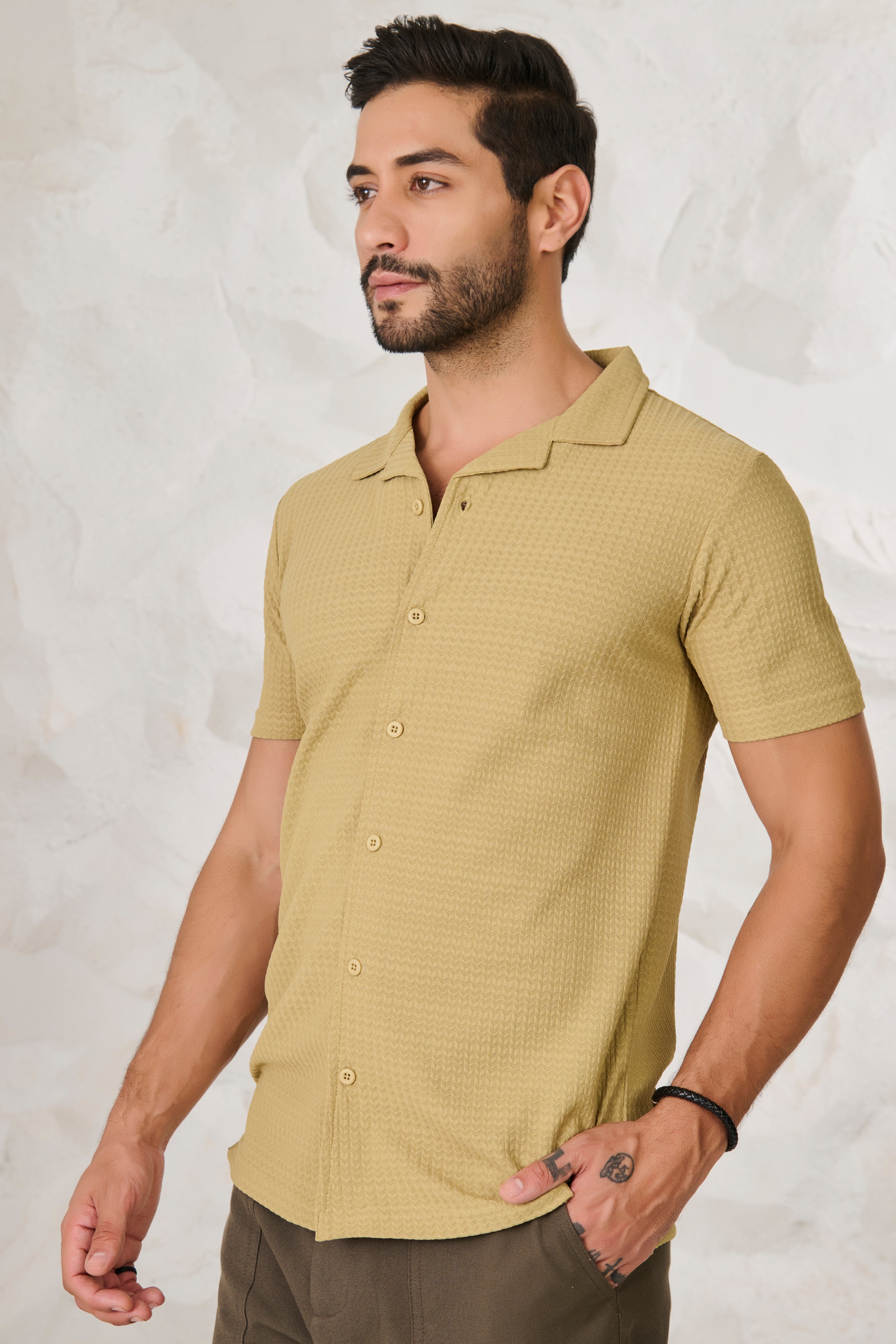 Buy Herringbone Textured Cuban Shirt - Mustard Green Online Shopping view 2