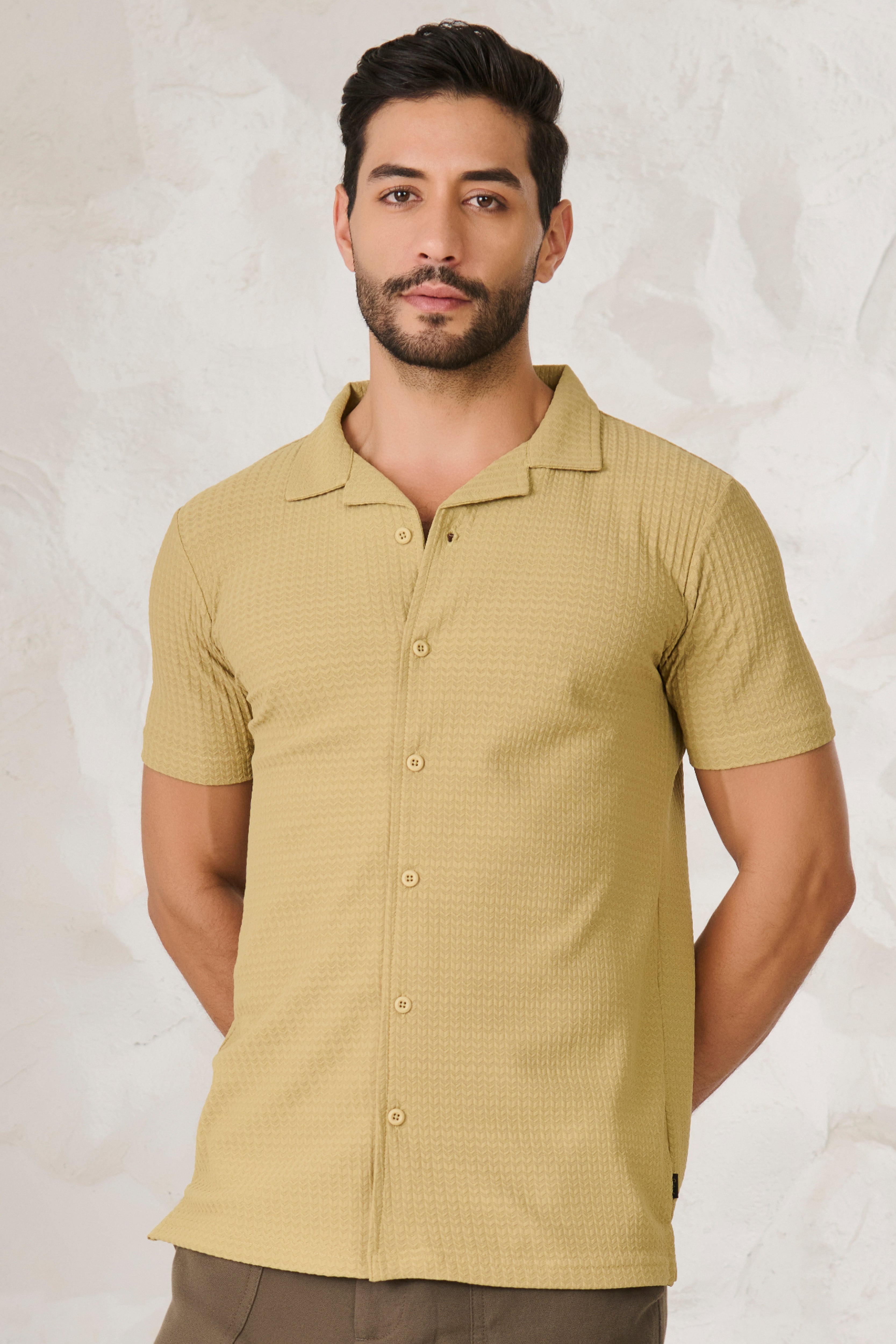 Buy Herringbone Textured Cuban Shirt - Mustard Green Online Shopping view 1