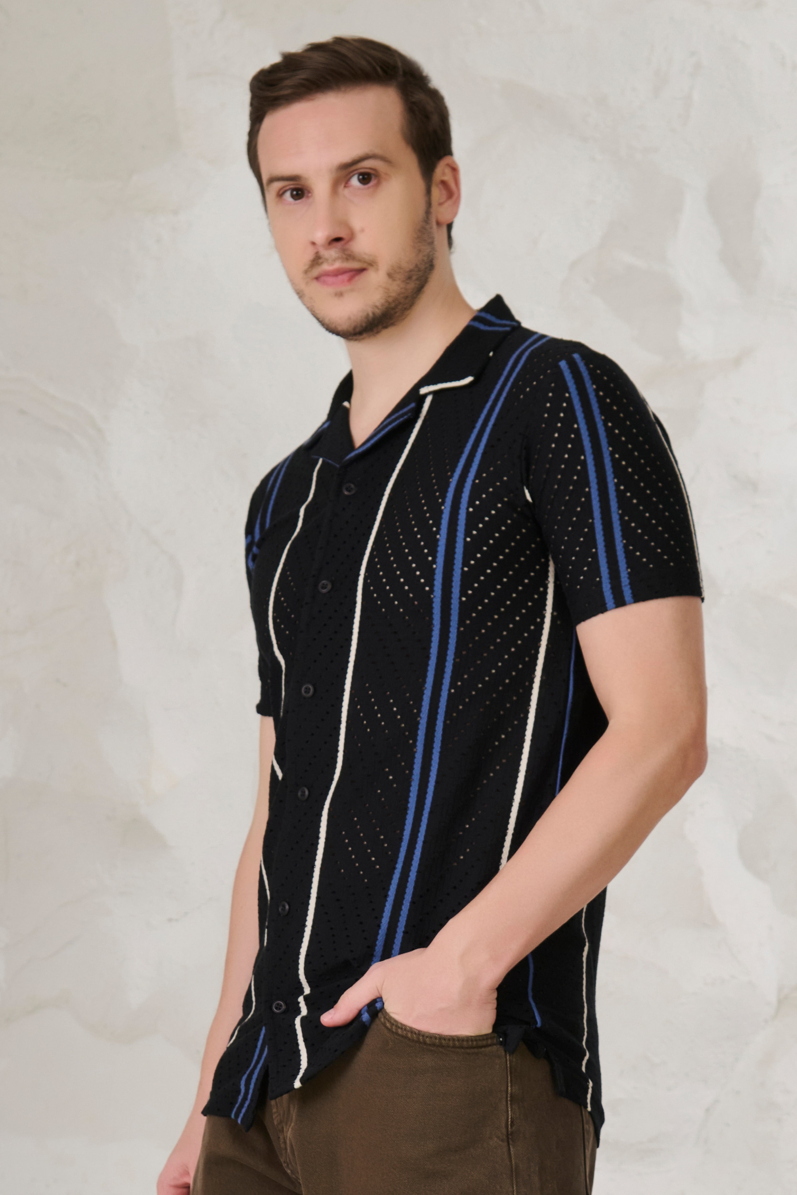 Buy Herringbone Air Vents Cuban Shirt - Black Online Shopping view 2