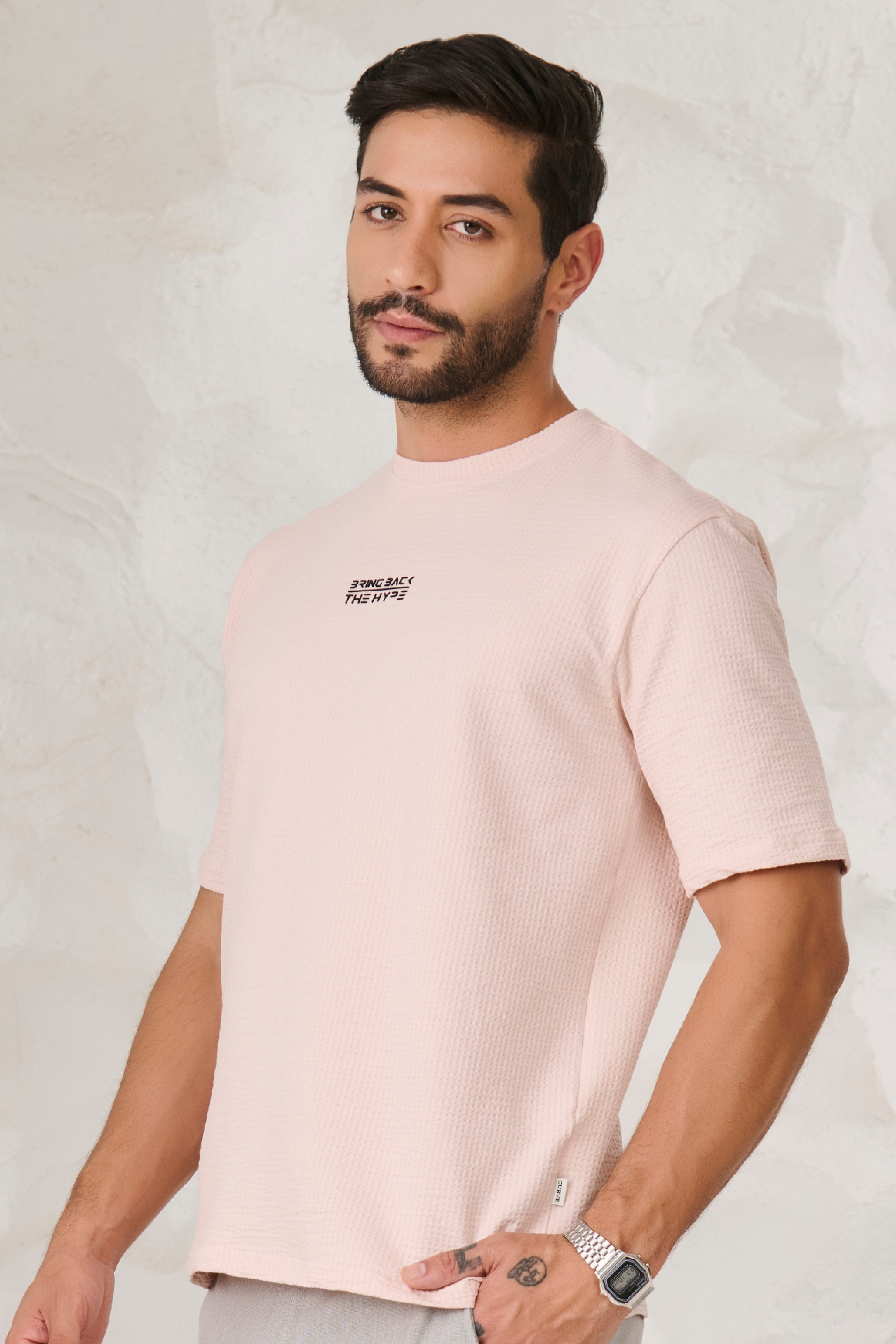 Buy Seer Sucker Textured Oversized T-Shirt - Pink Online Shopping view 2