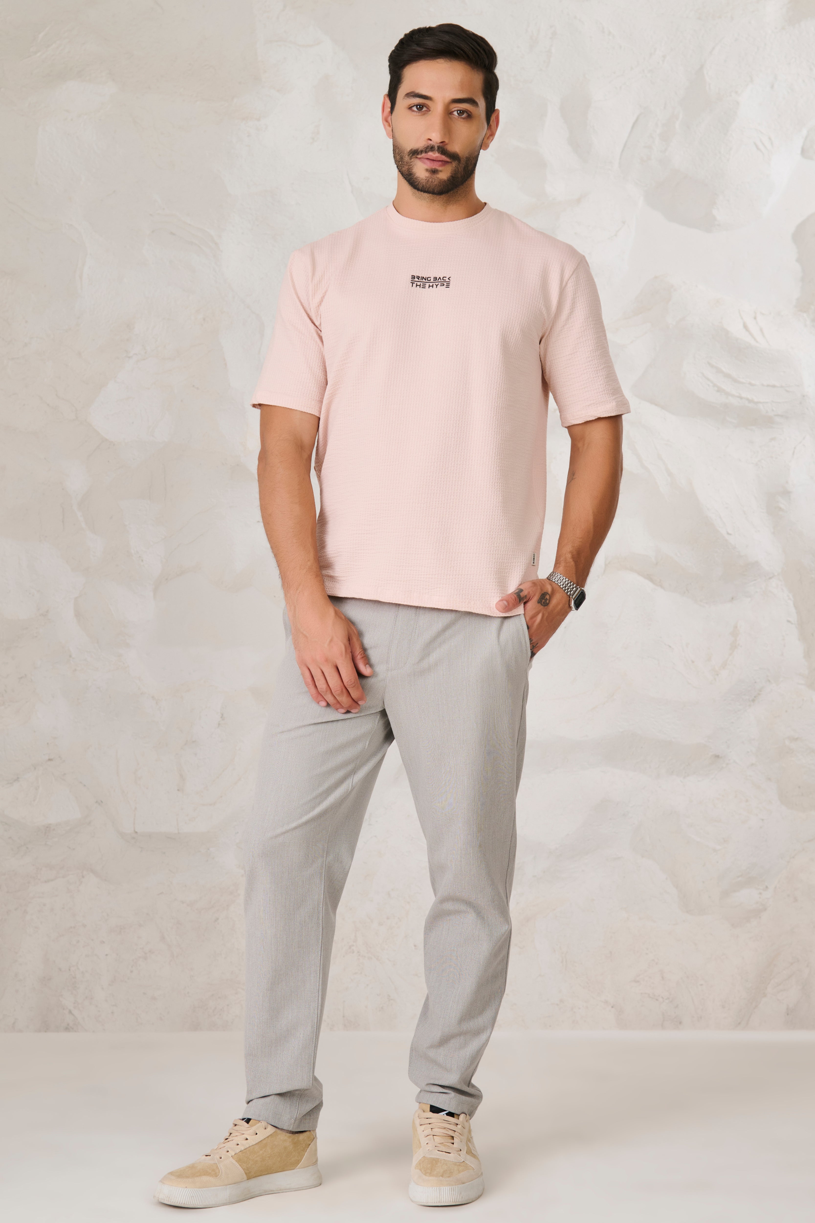 Buy Seer Sucker Textured Oversized T-Shirt - Pink Online Shopping view 5