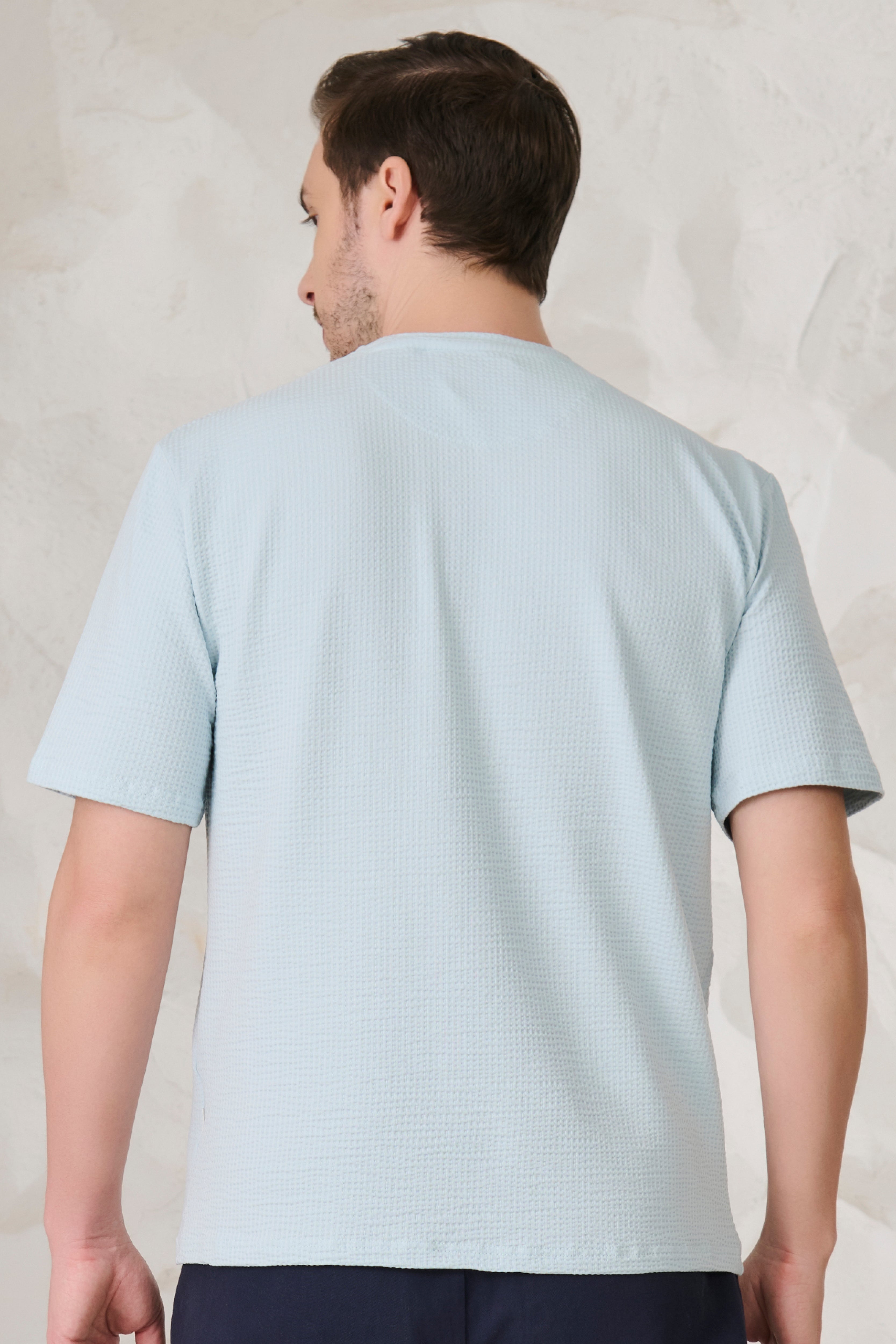 Buy Seer Sucker Textured T-Shirt - Sky Blue Online Shopping view 3