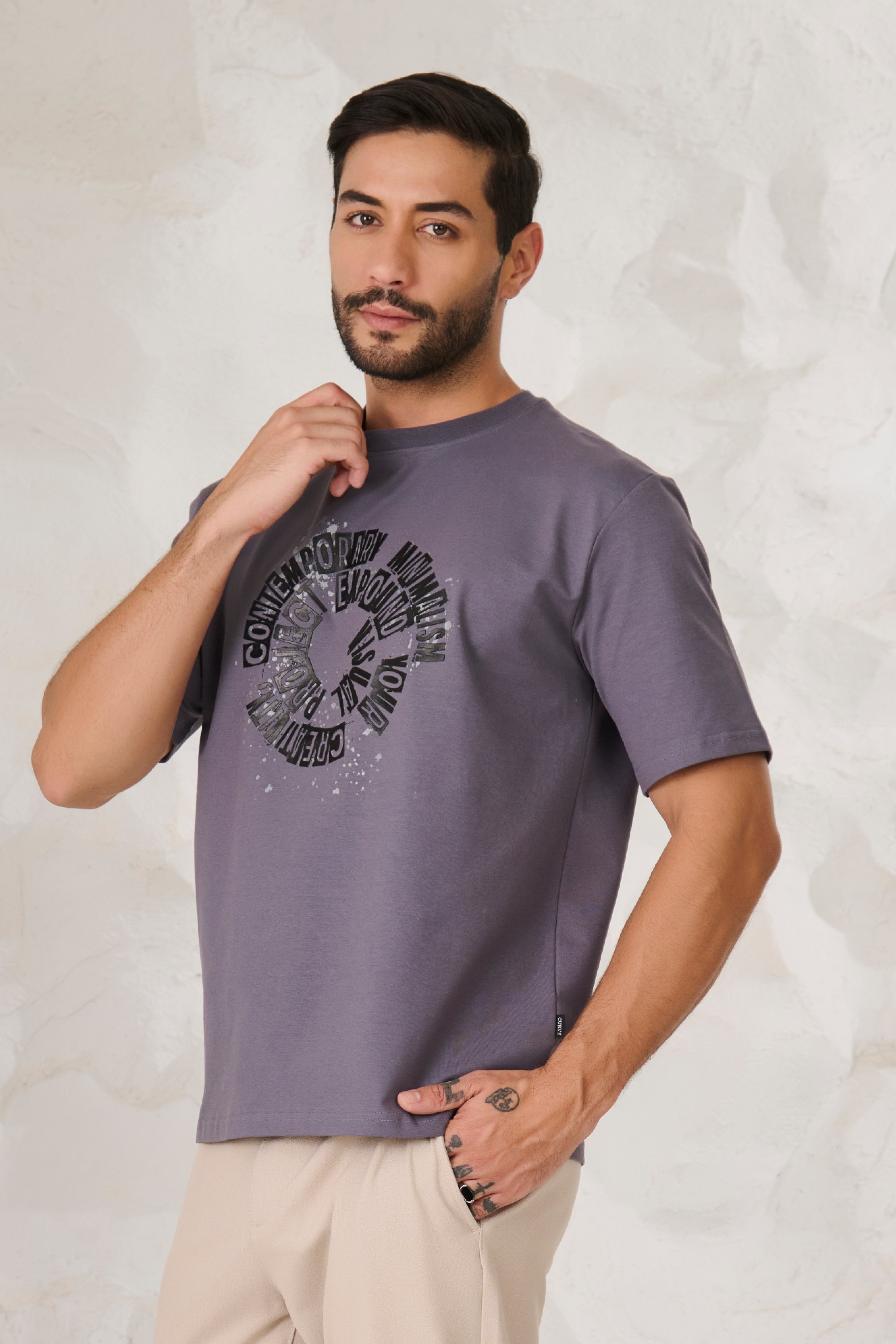 Buy Contemporary Graphic Oversized Stretch T-Shirt - Dark Grey Online Shopping view 2