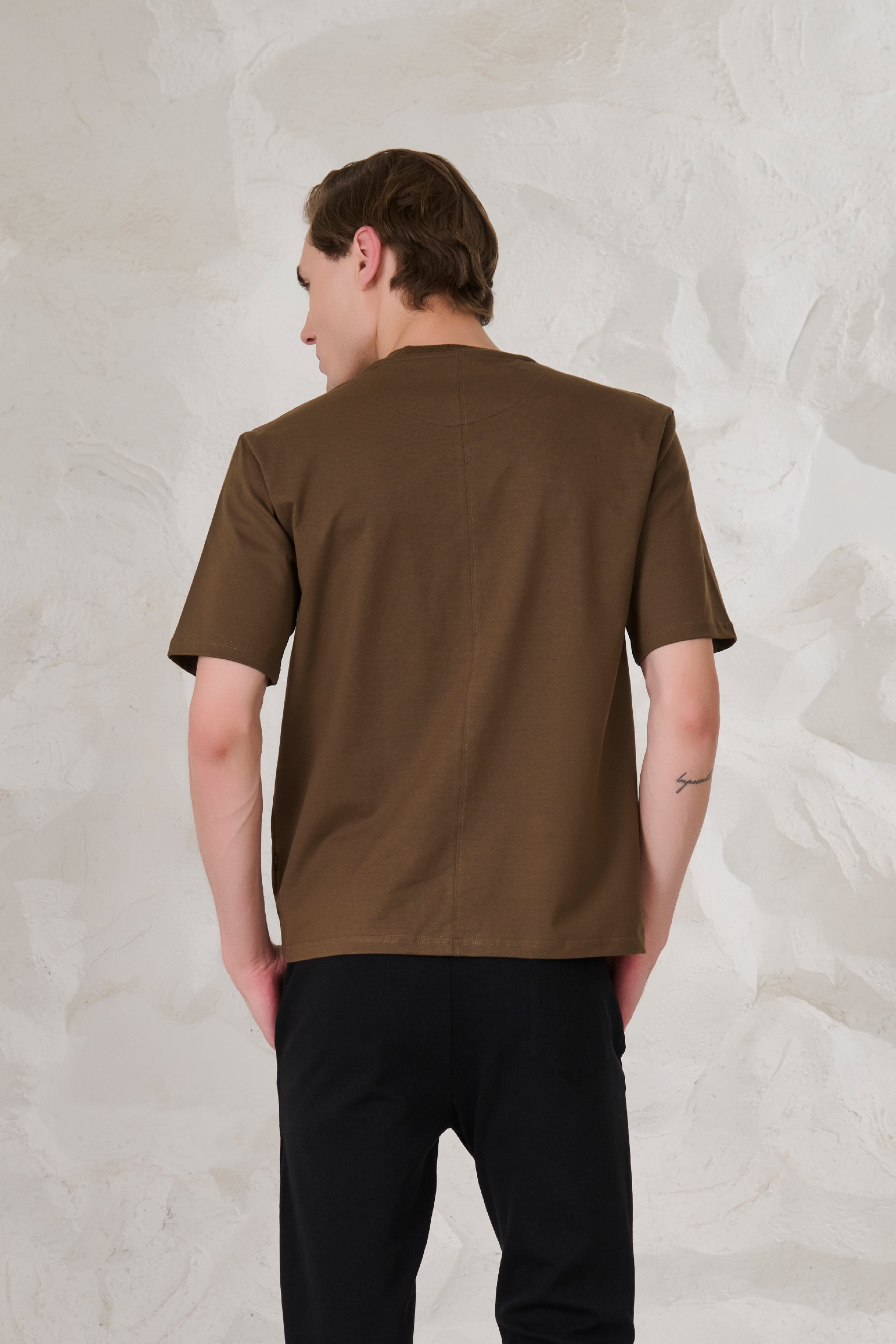 Buy Contemporary Graphic Oversized Stretch T-Shirt - Olive Online Shopping view 3