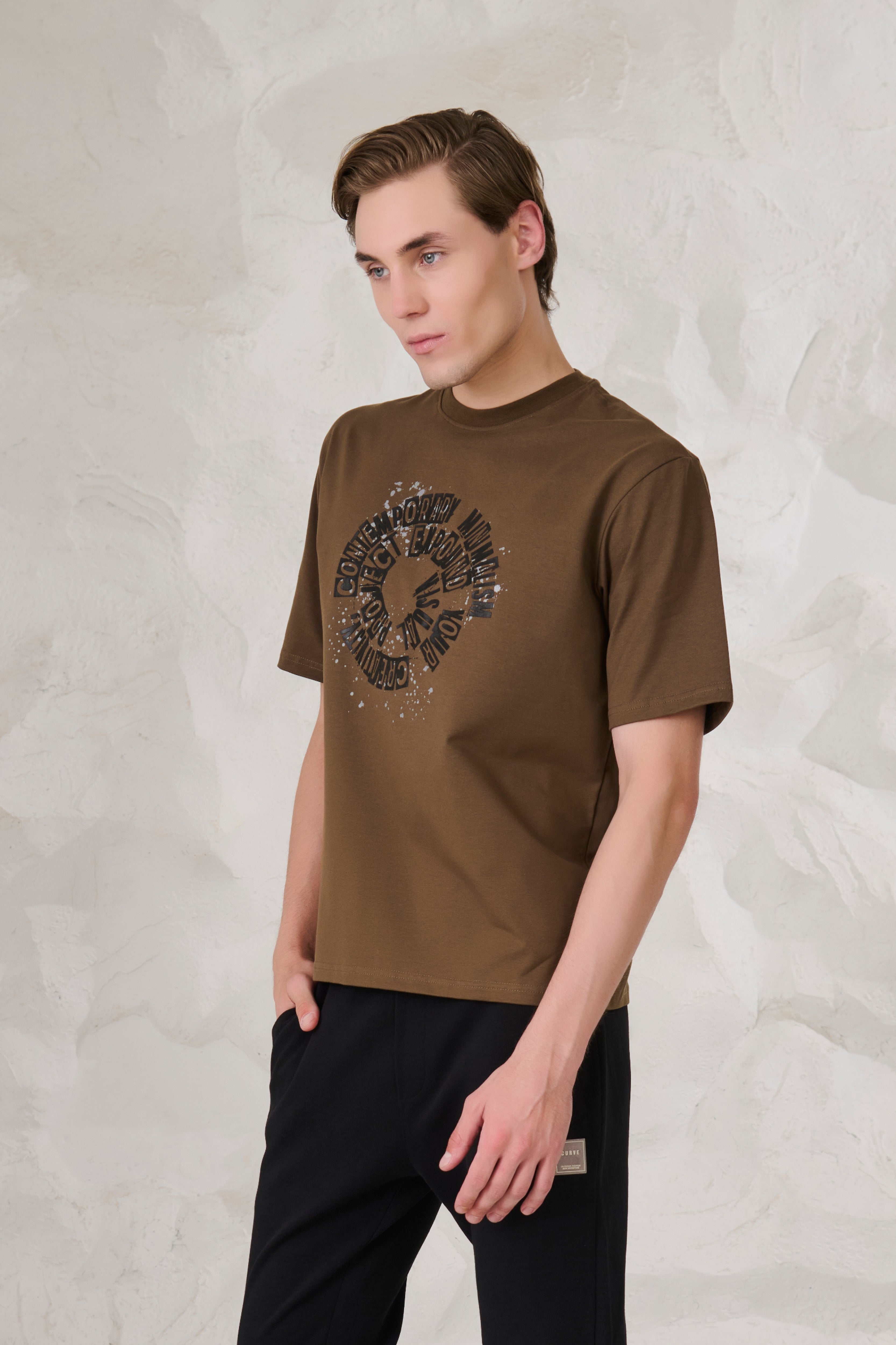 Buy Contemporary Graphic Oversized Stretch T-Shirt - Olive Online Shopping view 2