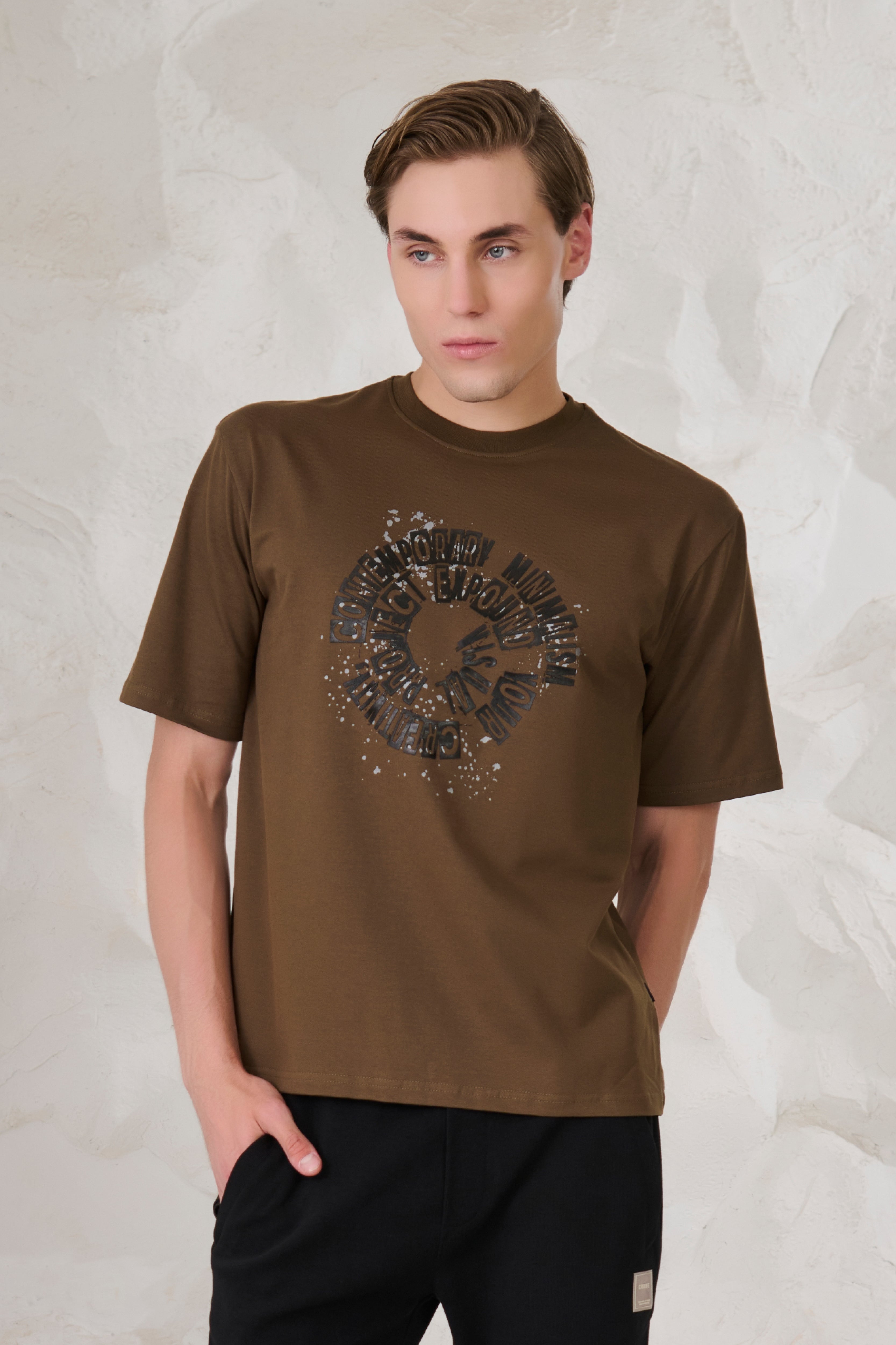 Buy Contemporary Graphic Oversized Stretch T-Shirt - Olive Online Shopping view 1