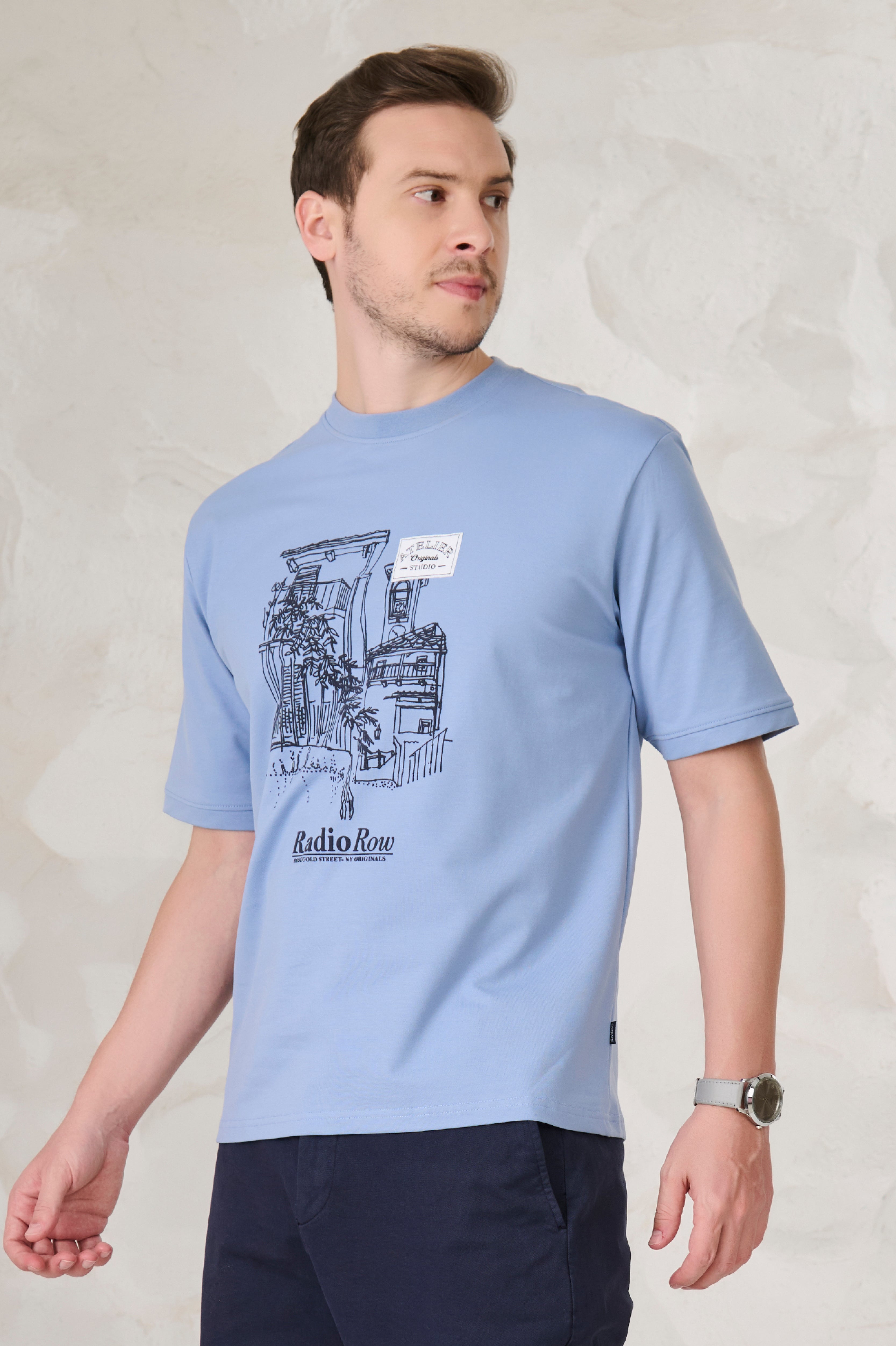 Buy Row Graphic Oversized Stretch T-Shirt - Sky Blue Online Shopping view 2