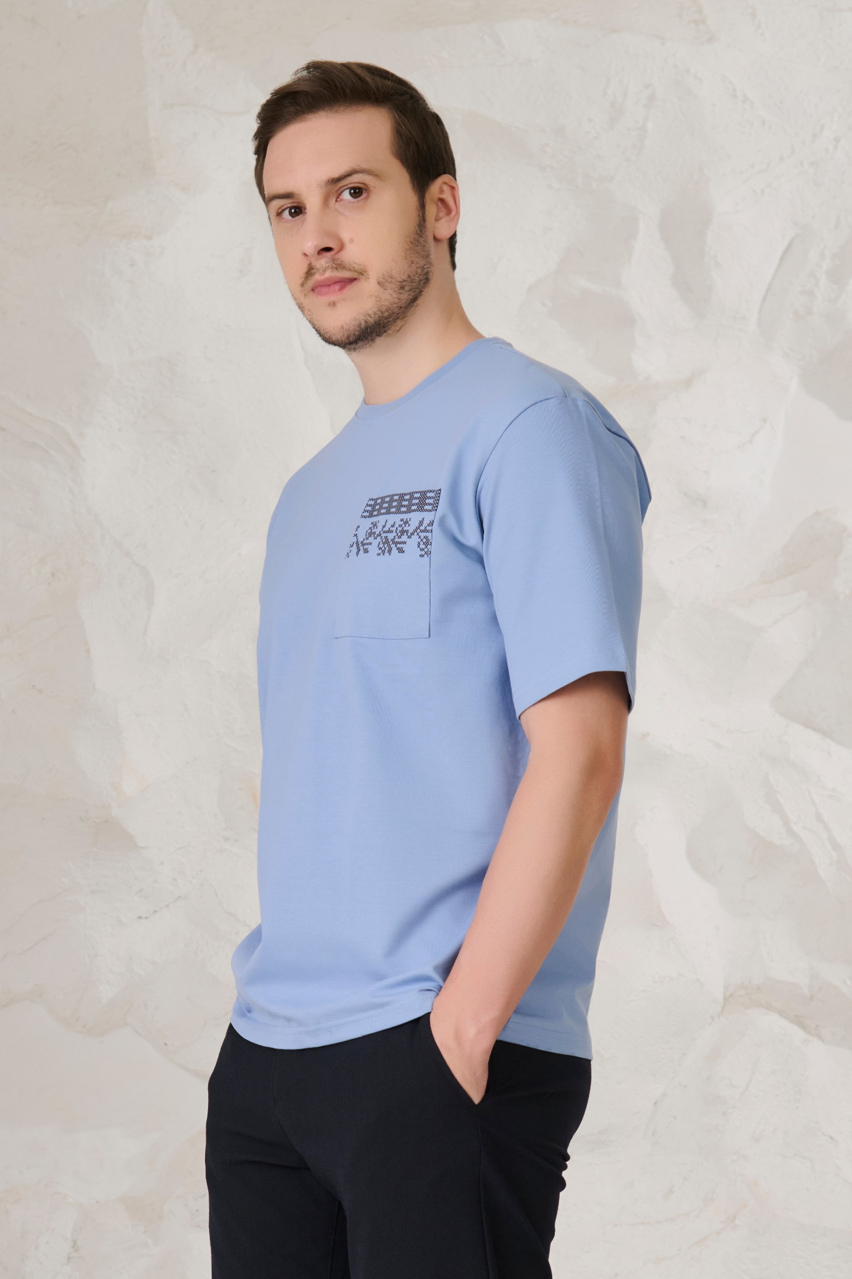 Buy Ornaments Pocket Oversized Stretch T-Shirt - Sky Online Shopping view 2