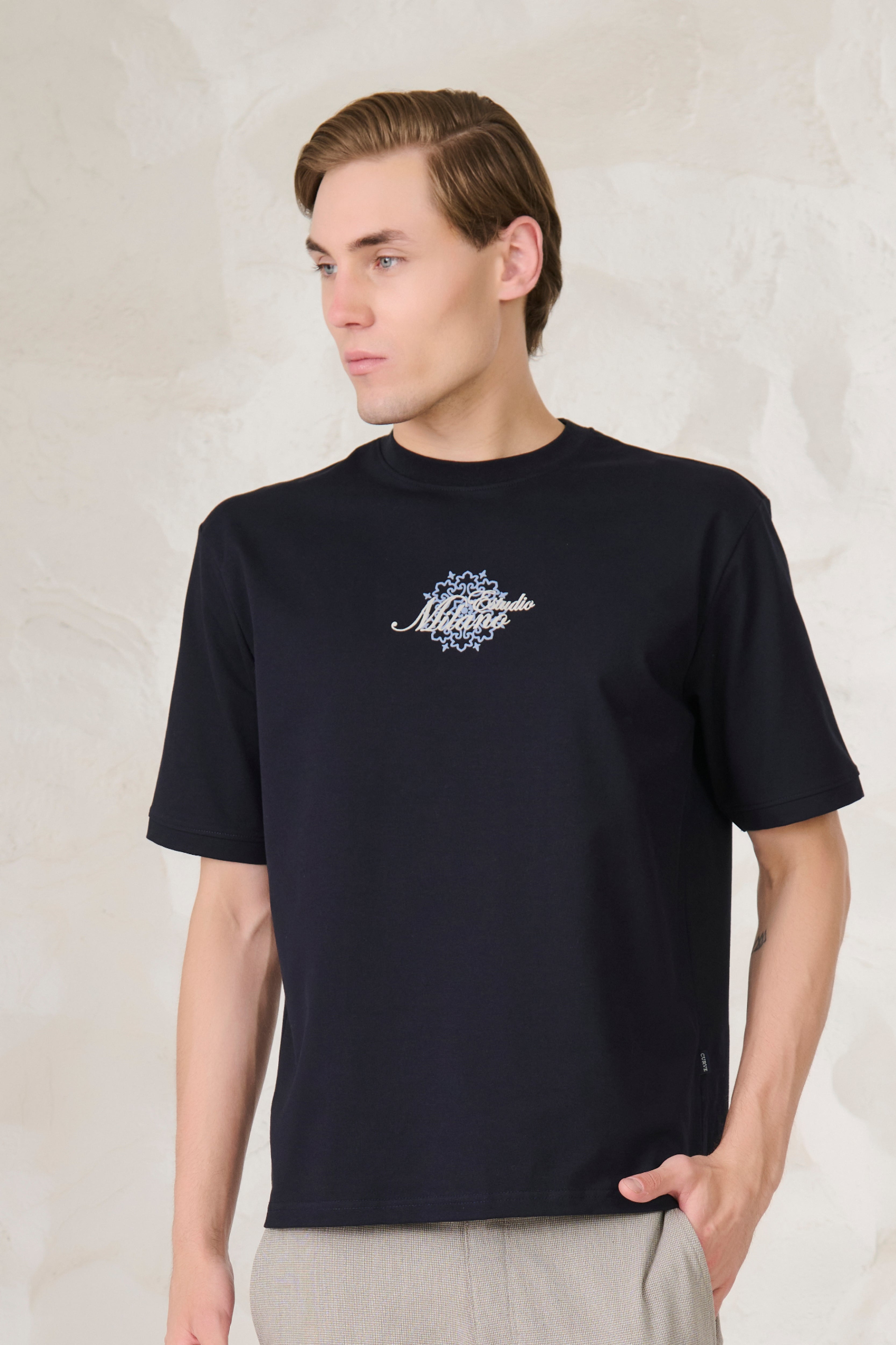 Buy Milano Graphic Oversized Stretch T-Shirt - Navy Online Shopping view 1