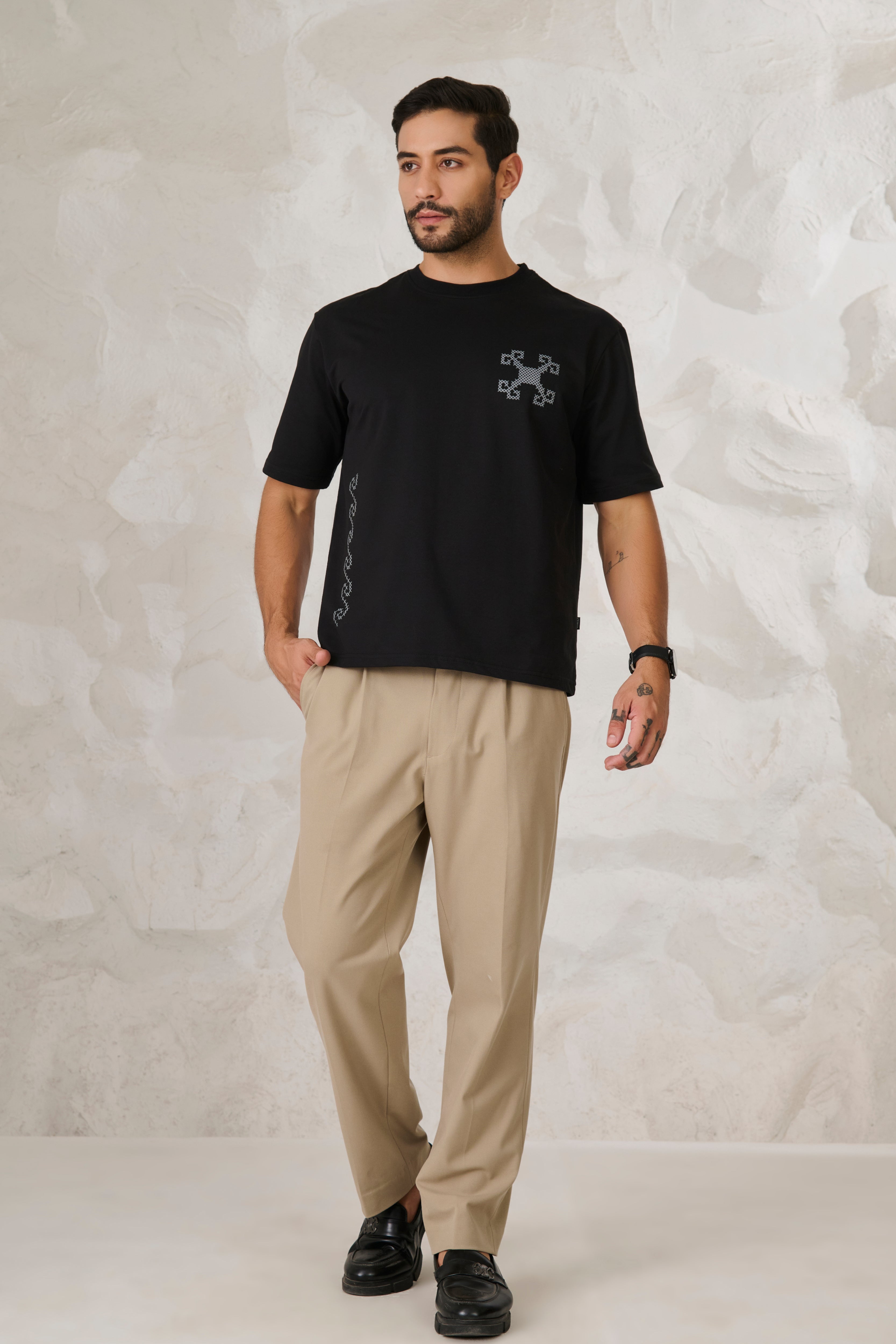 Buy Ornaments Graphic Oversized Stretch T-Shirt - Black Online Shopping view 5