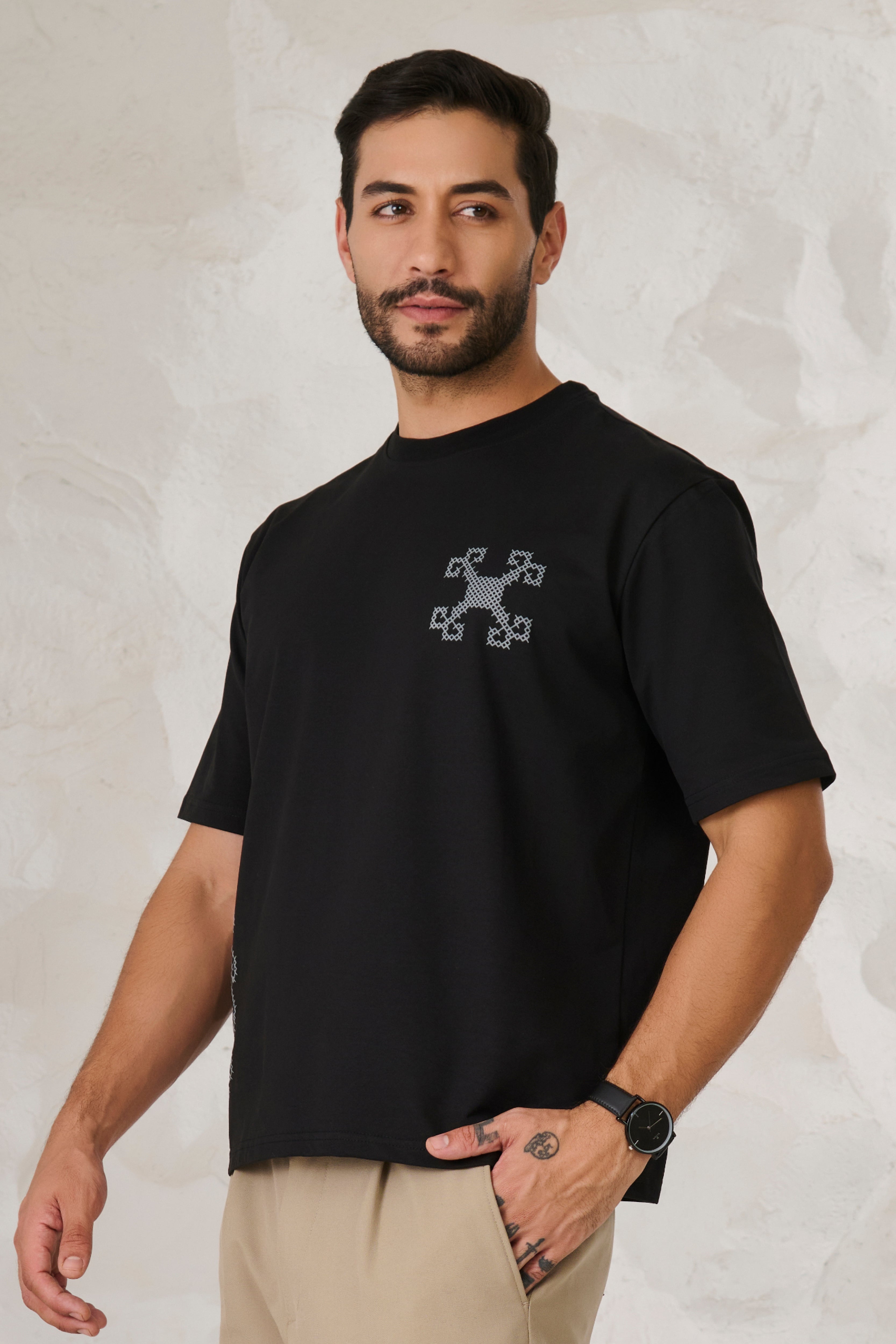 Buy Ornaments Graphic Oversized Stretch T-Shirt - Black Online Shopping view 2