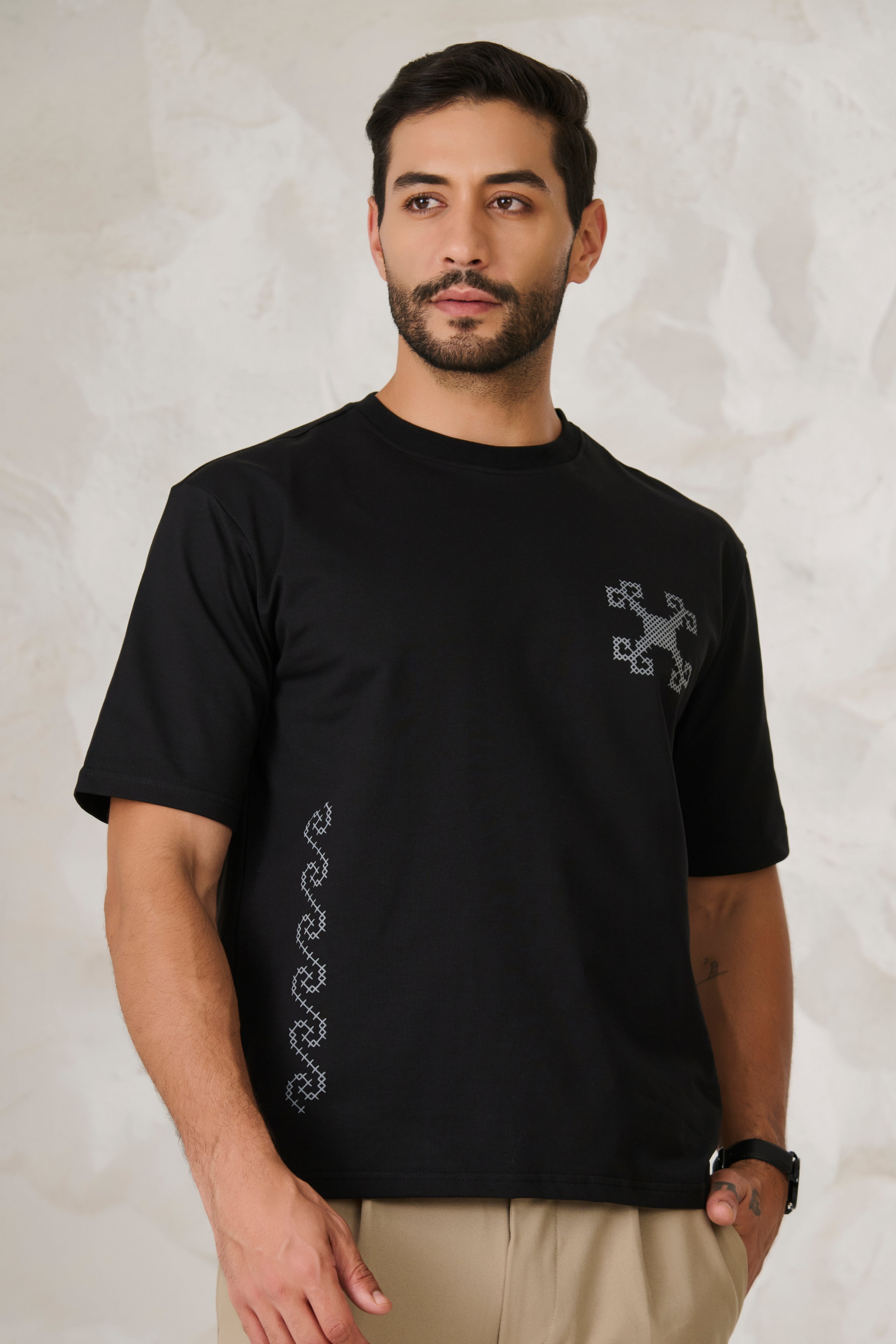 Buy Ornaments Graphic Oversized Stretch T-Shirt - Black Online Shopping view 1