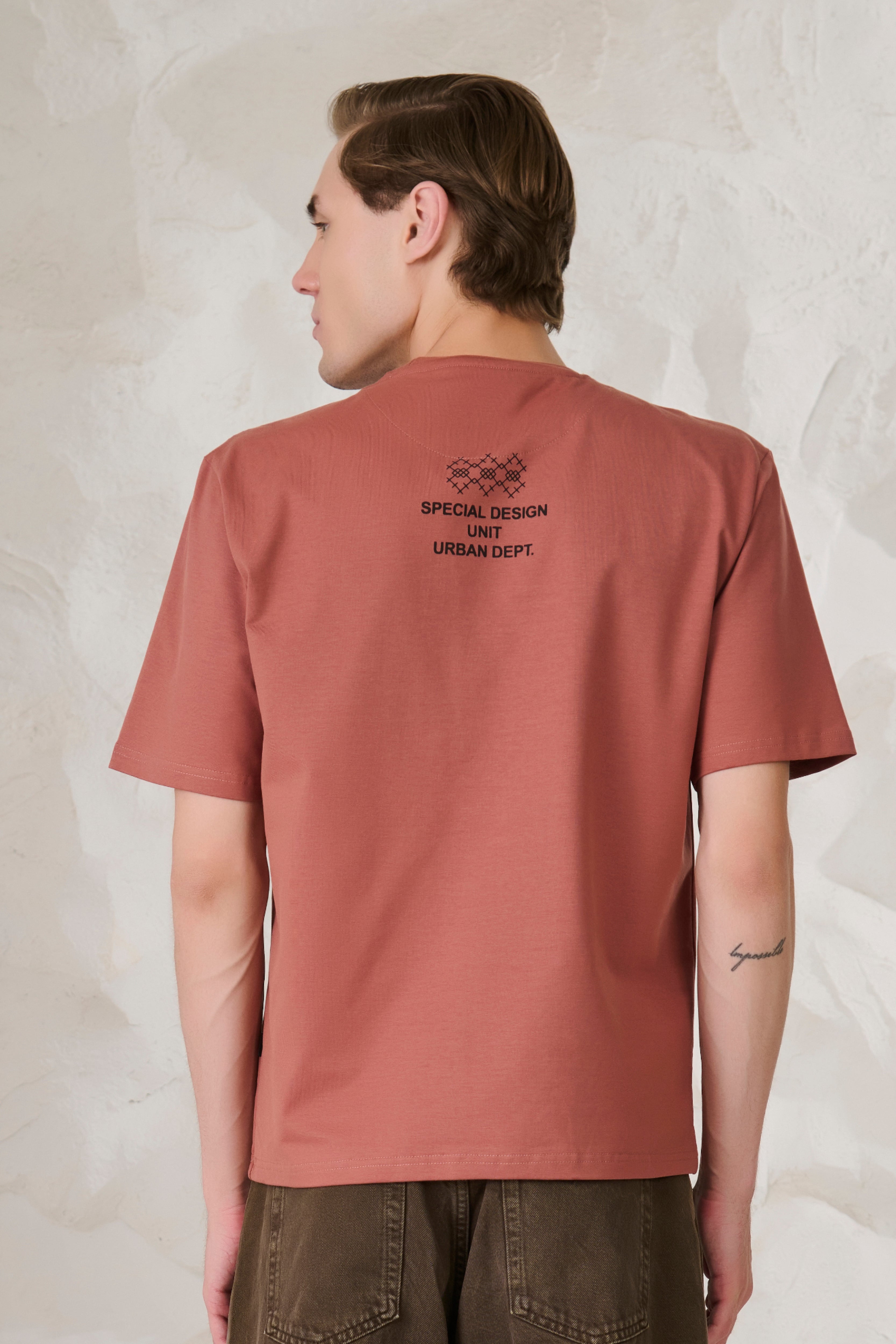 Buy Ornaments Graphic Oversized Stretch T-Shirt - Rust Online Shopping view 3