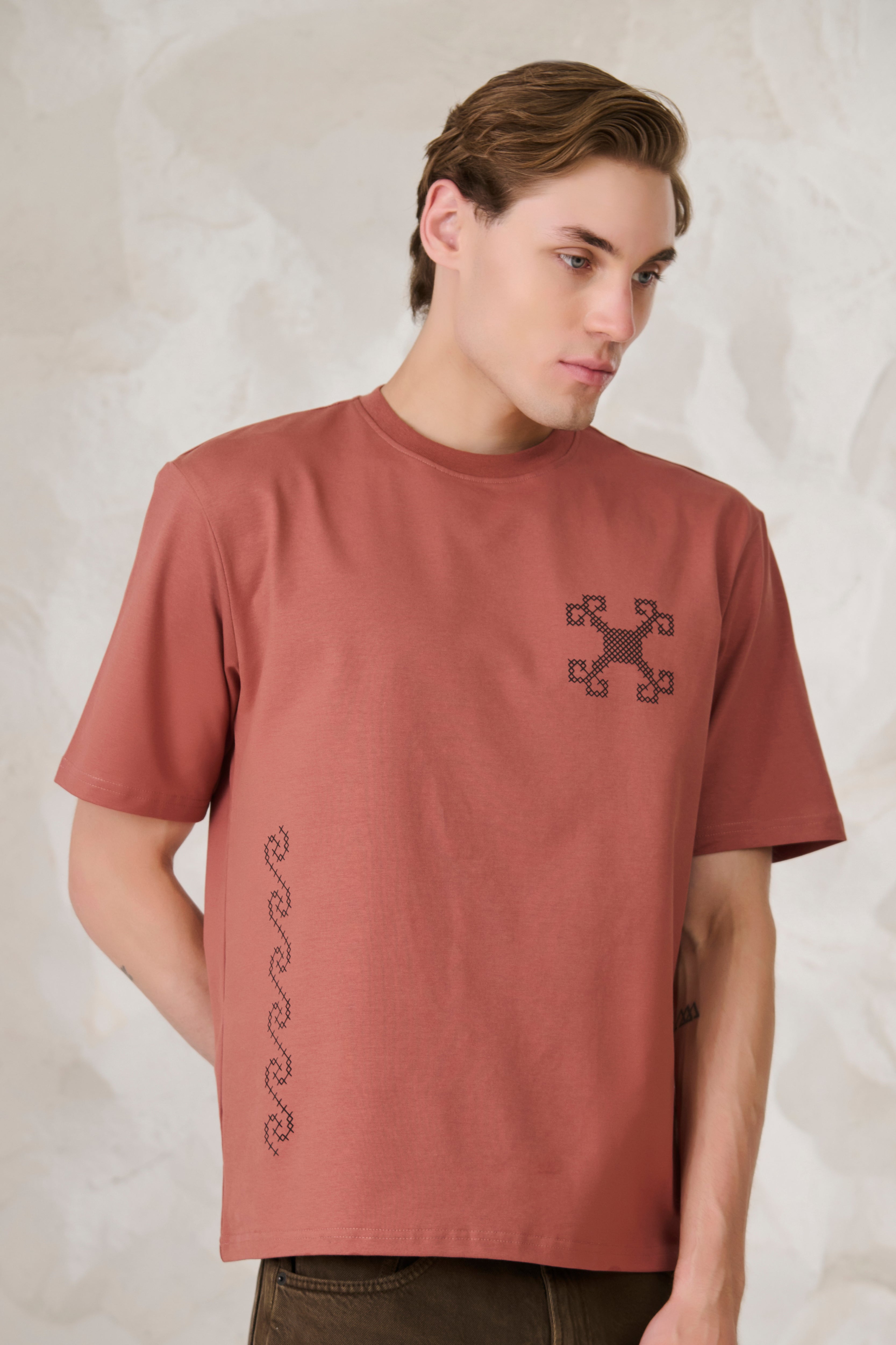 Buy Ornaments Graphic Oversized Stretch T-Shirt - Rust Online Shopping view 2