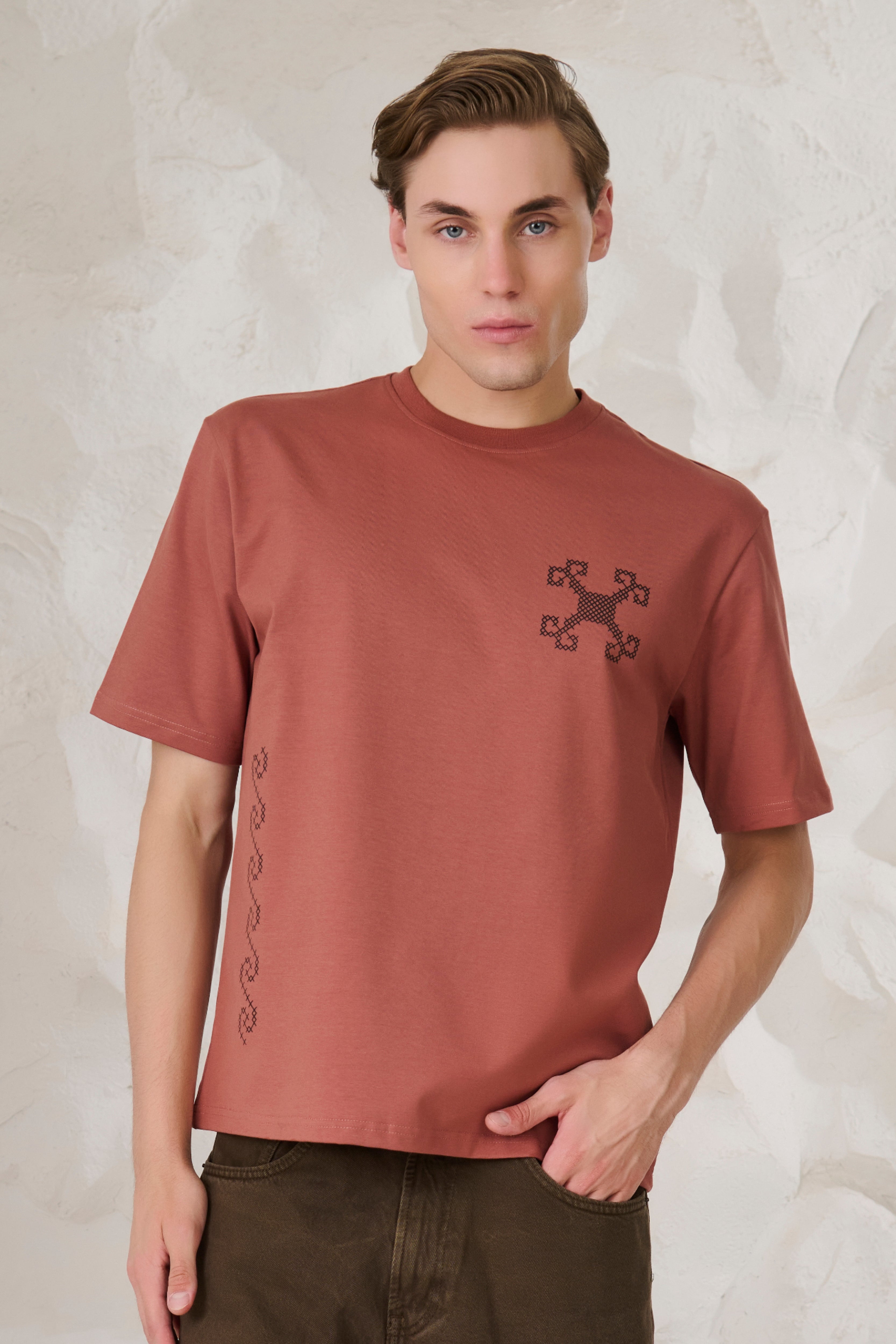 Buy Ornaments Graphic Oversized Stretch T-Shirt - Rust Online Shopping view 1