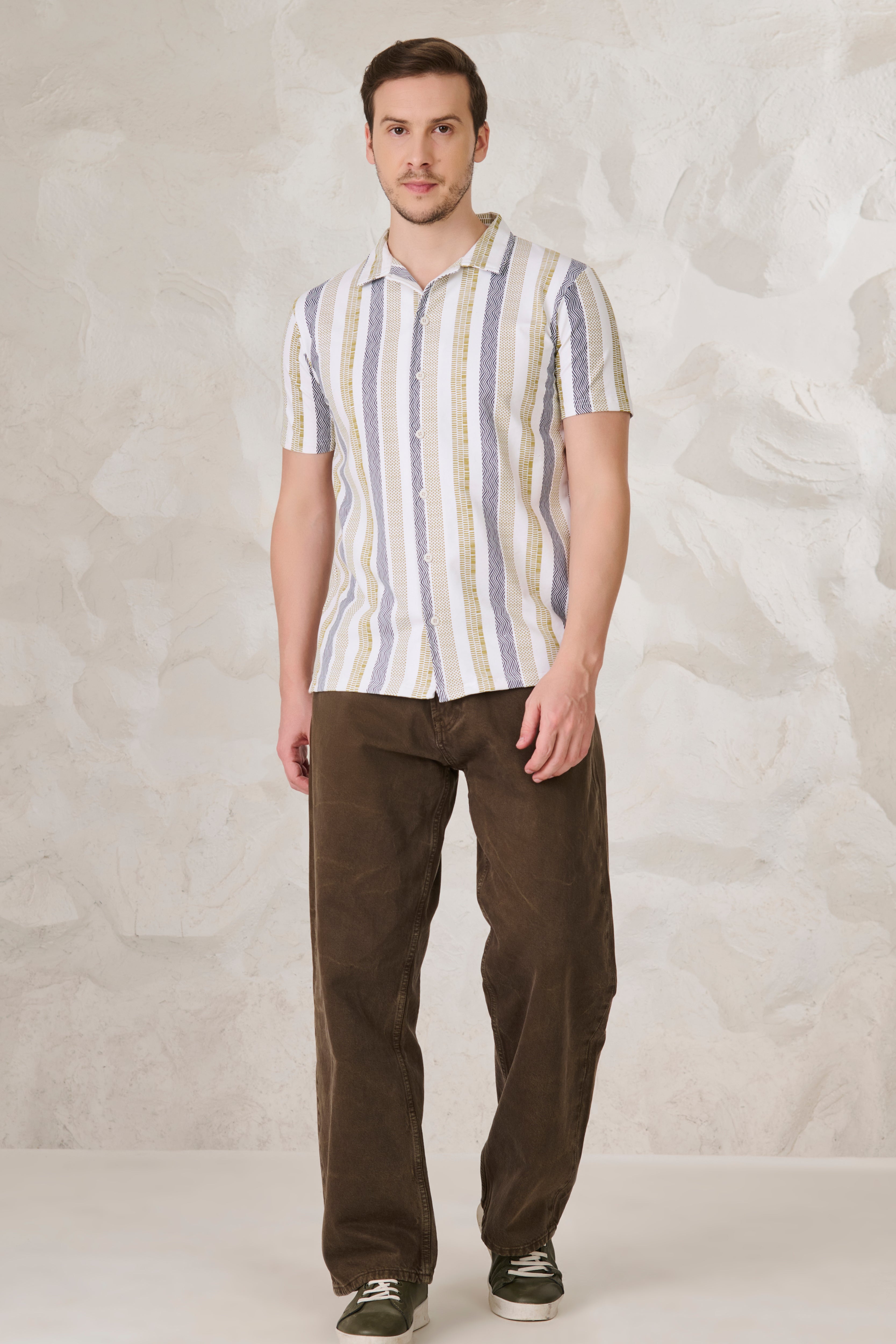 Buy Tire Stripes Printed Knitted Shirt - White Online Shopping view 5