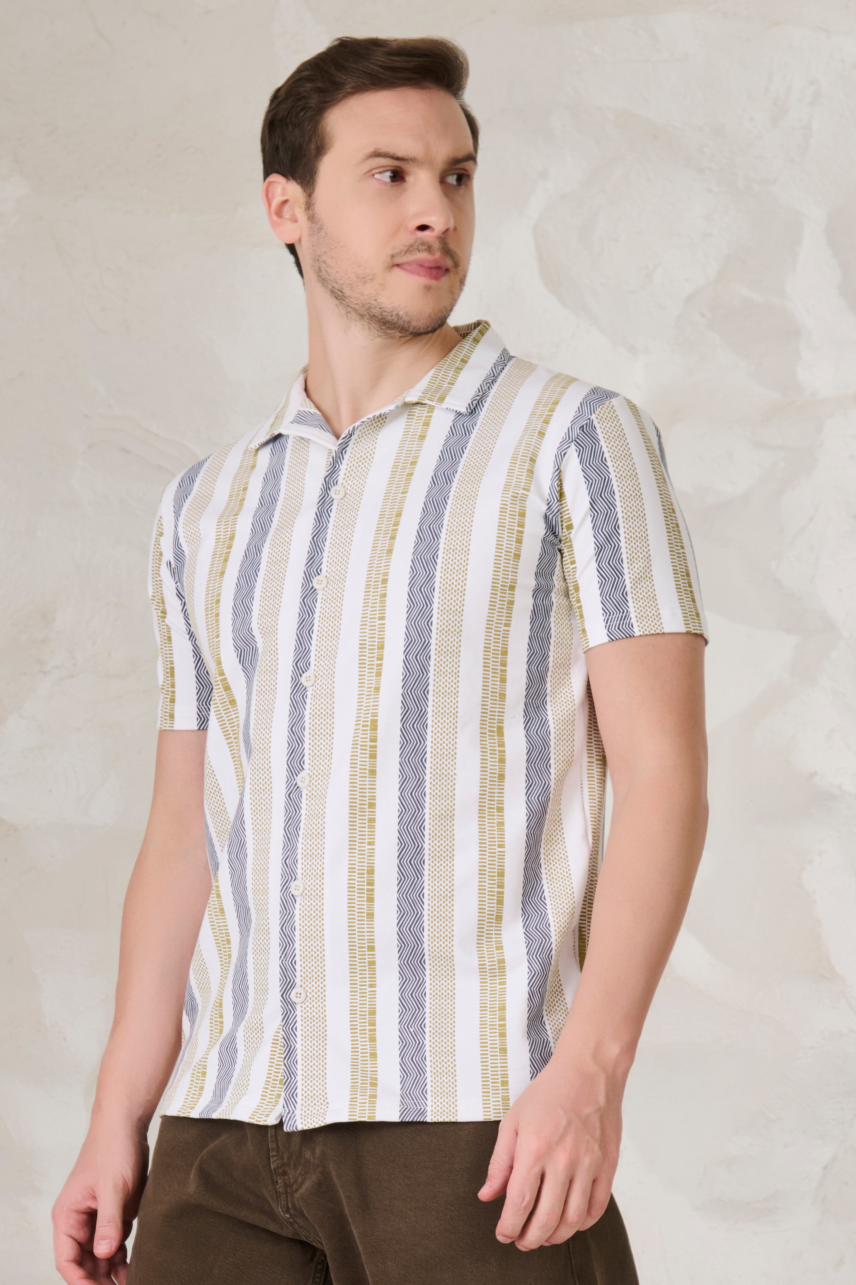 Buy Tire Stripes Printed Knitted Shirt - White Online Shopping view 2