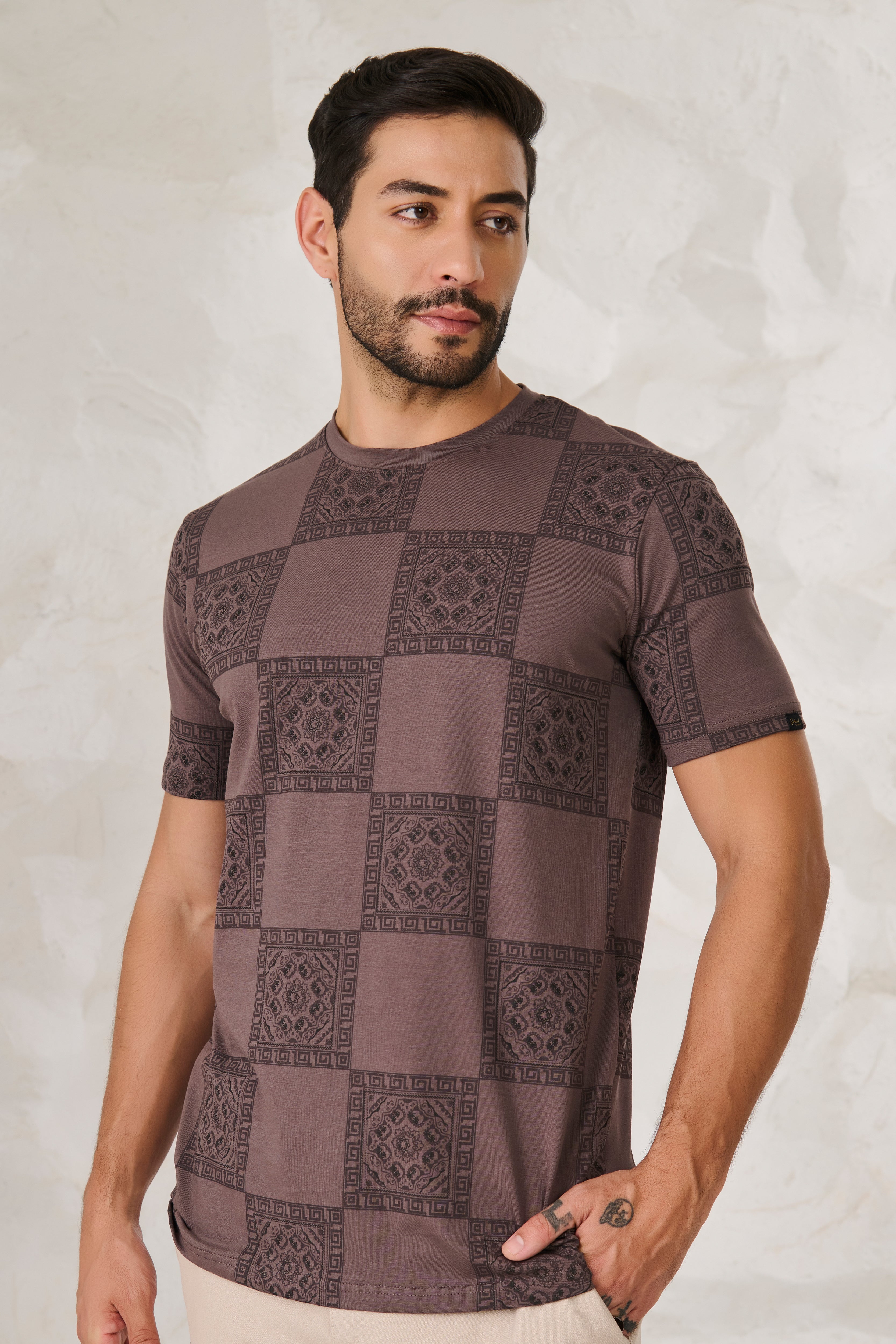 Buy Ethnic Tiles Stretch T-Shirt - Brown Online Shopping view 1