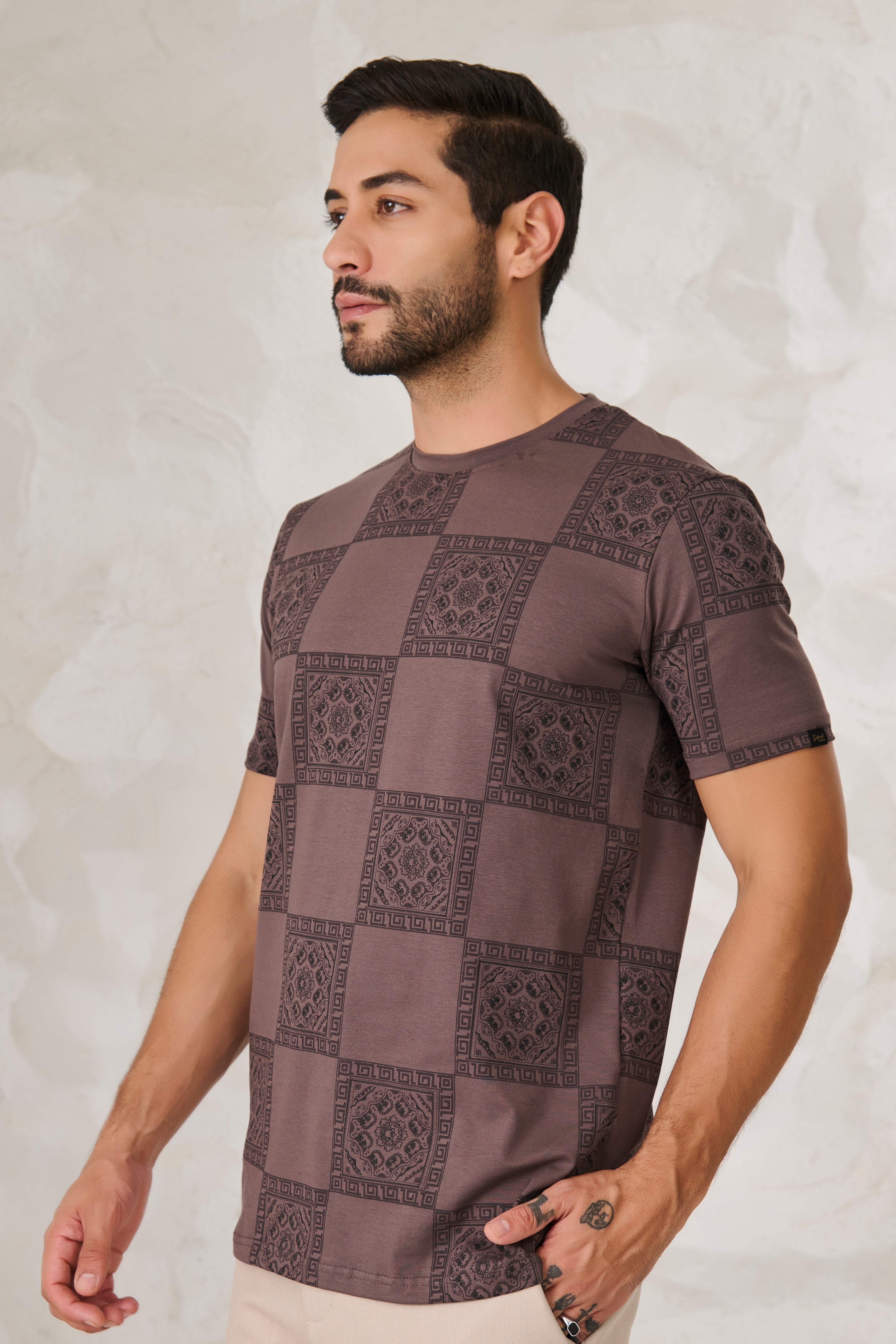 Buy Ethnic Tiles Stretch T-Shirt - Brown Online Shopping view 2