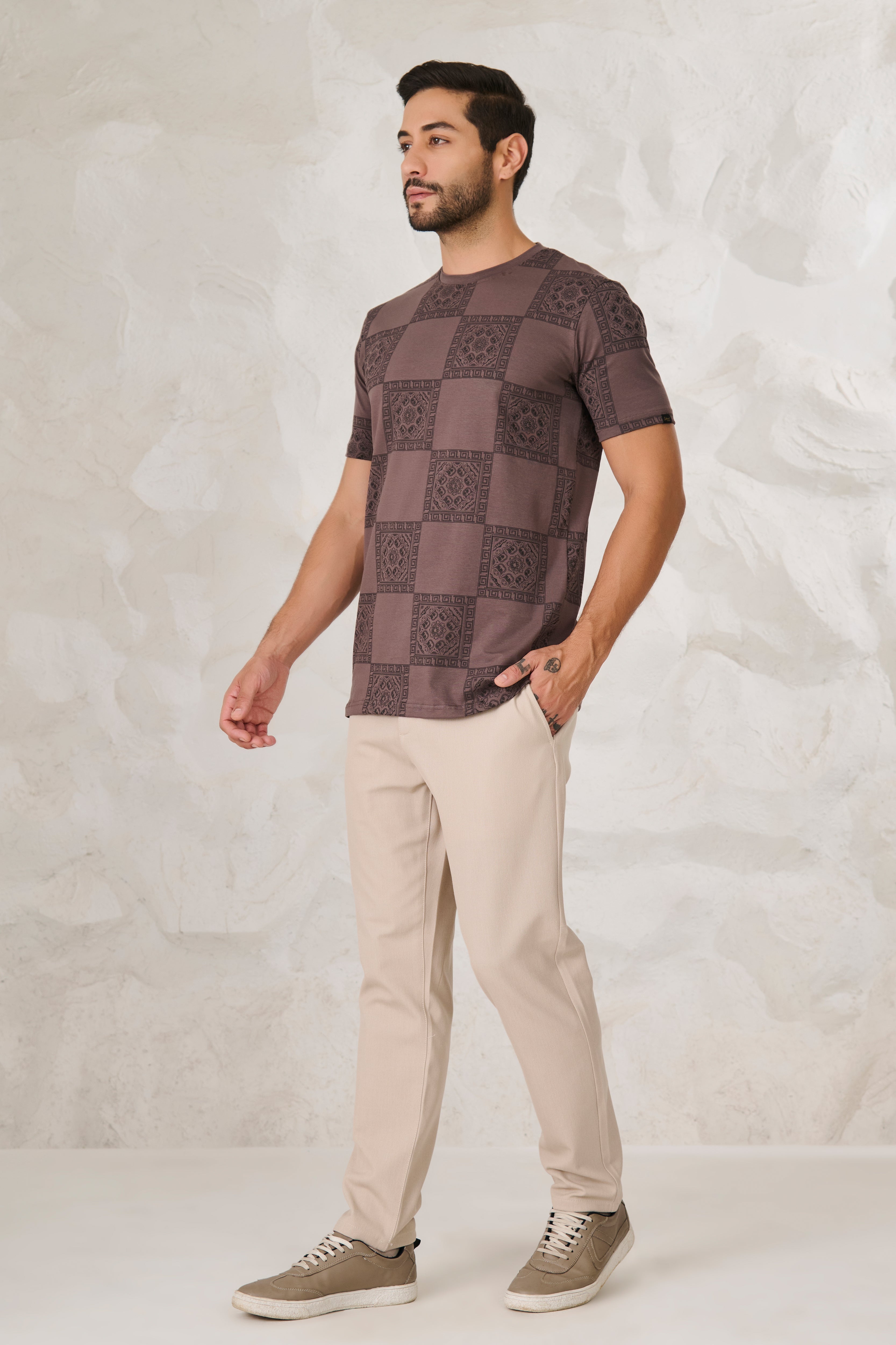 Buy Ethnic Tiles Stretch T-Shirt - Brown Online Shopping view 3