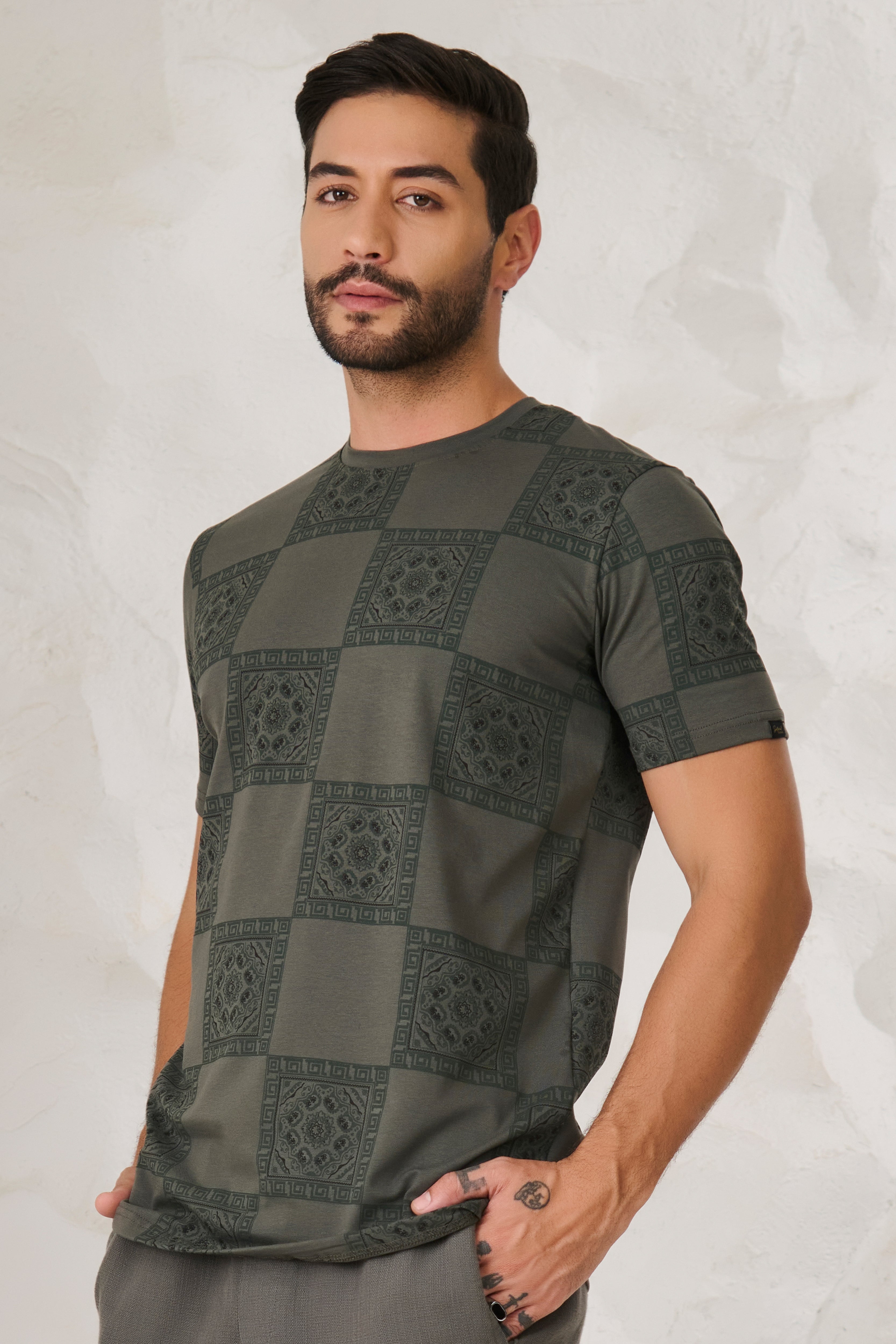 Buy Ethnic Tiles Stretch T-Shirt - Olive Online Shopping view 2