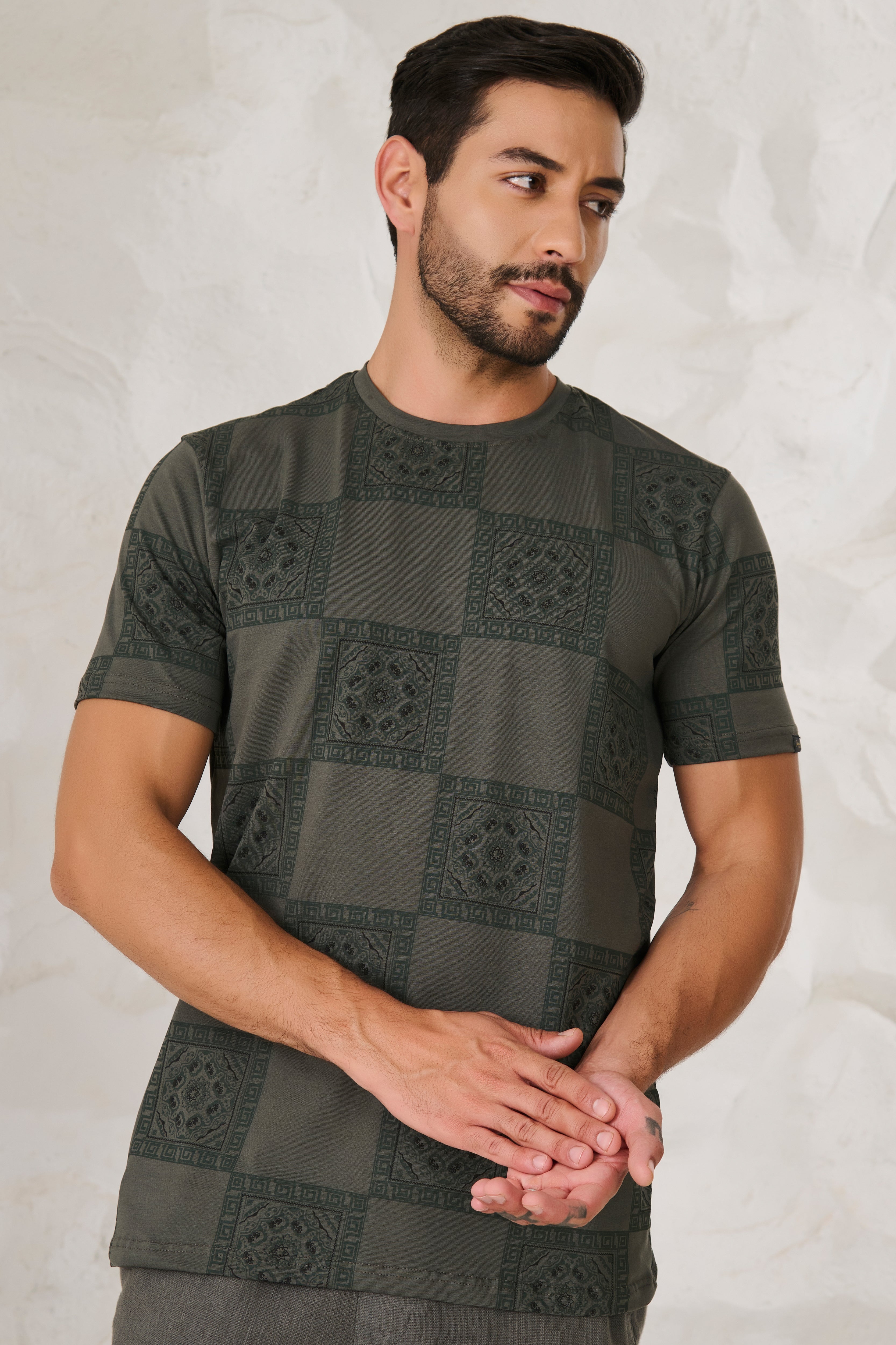 Buy Ethnic Tiles Stretch T-Shirt - Olive Online Shopping view 1