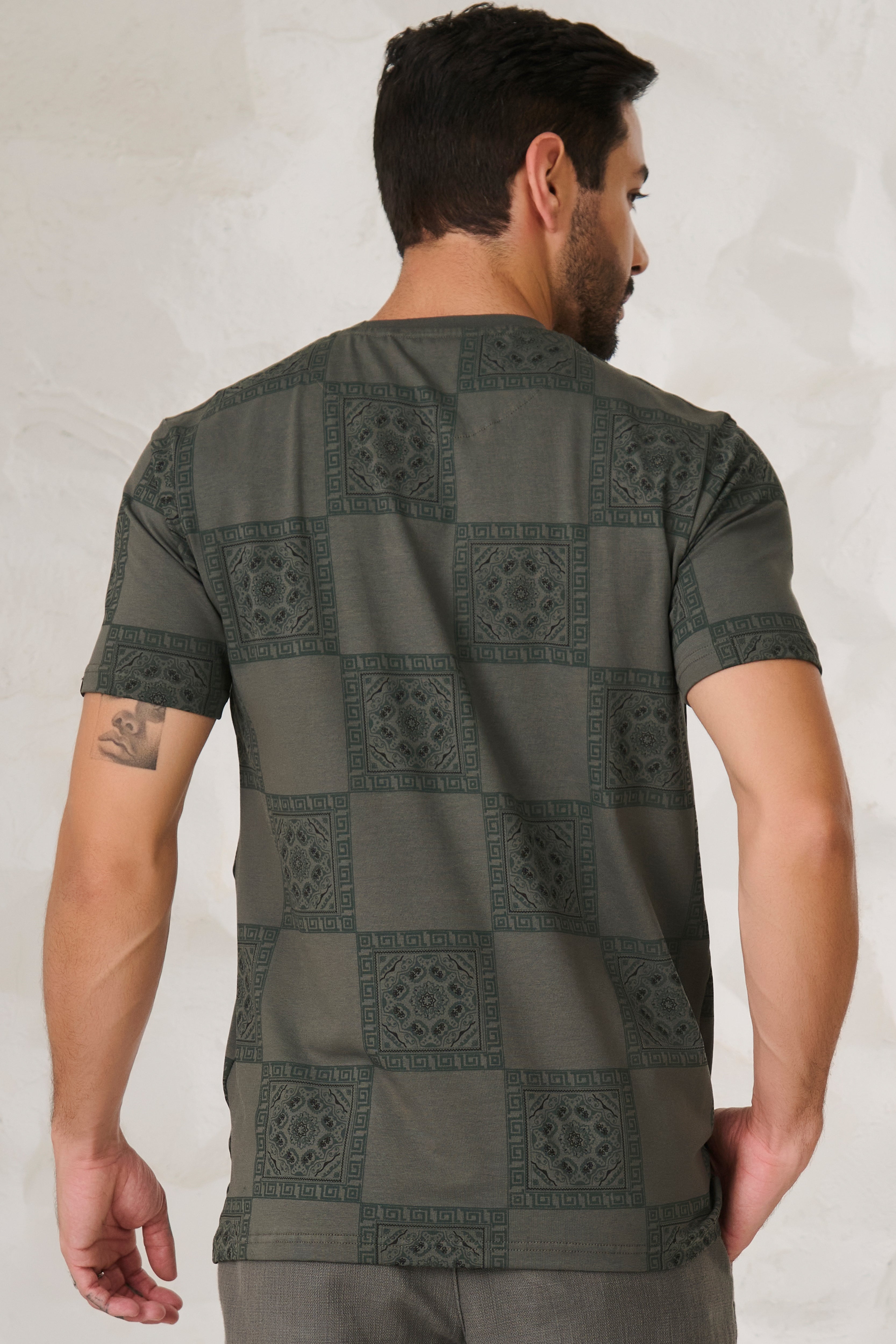 Buy Ethnic Tiles Stretch T-Shirt - Olive Online Shopping view 3