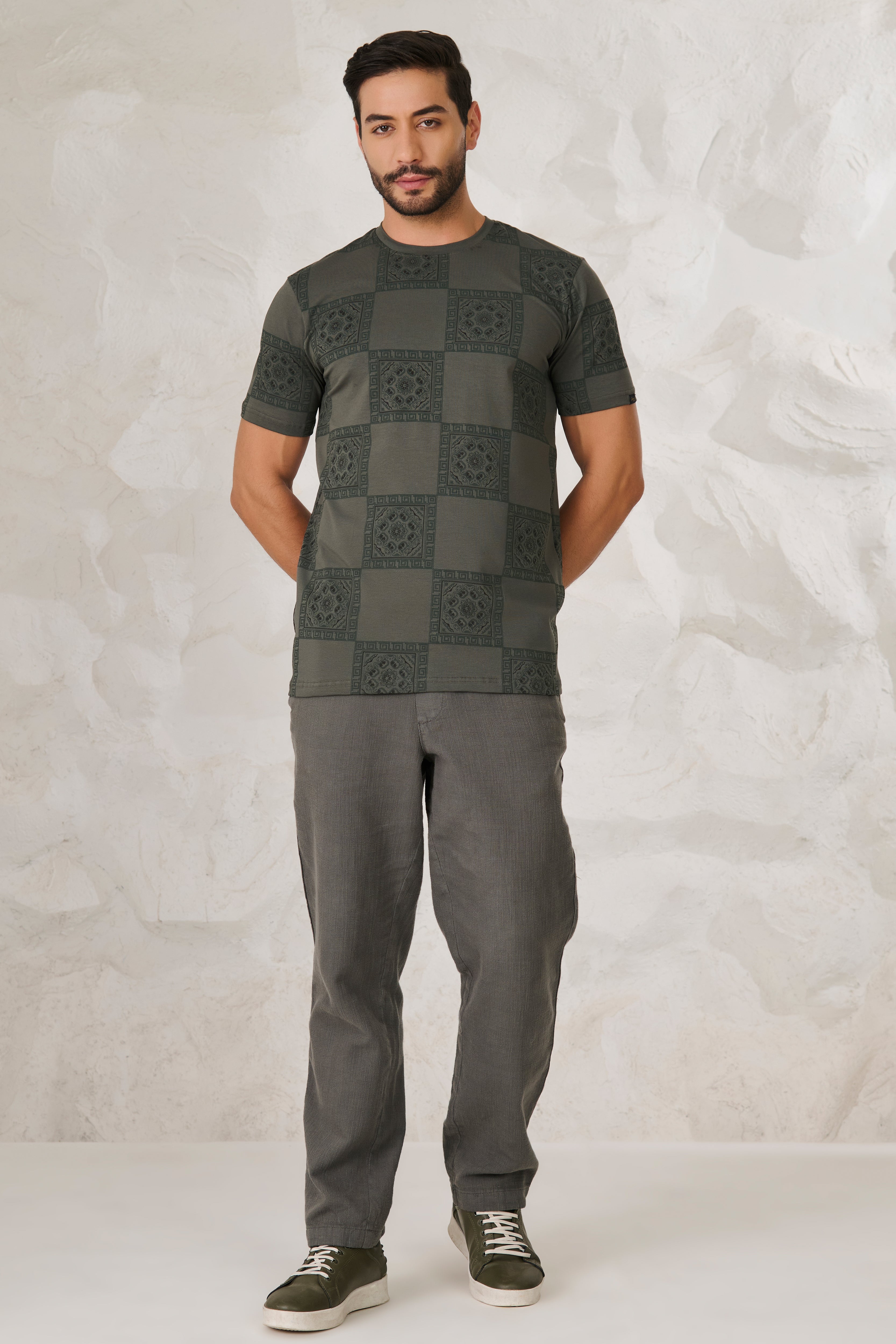 Buy Ethnic Tiles Stretch T-Shirt - Olive Online Shopping view 5