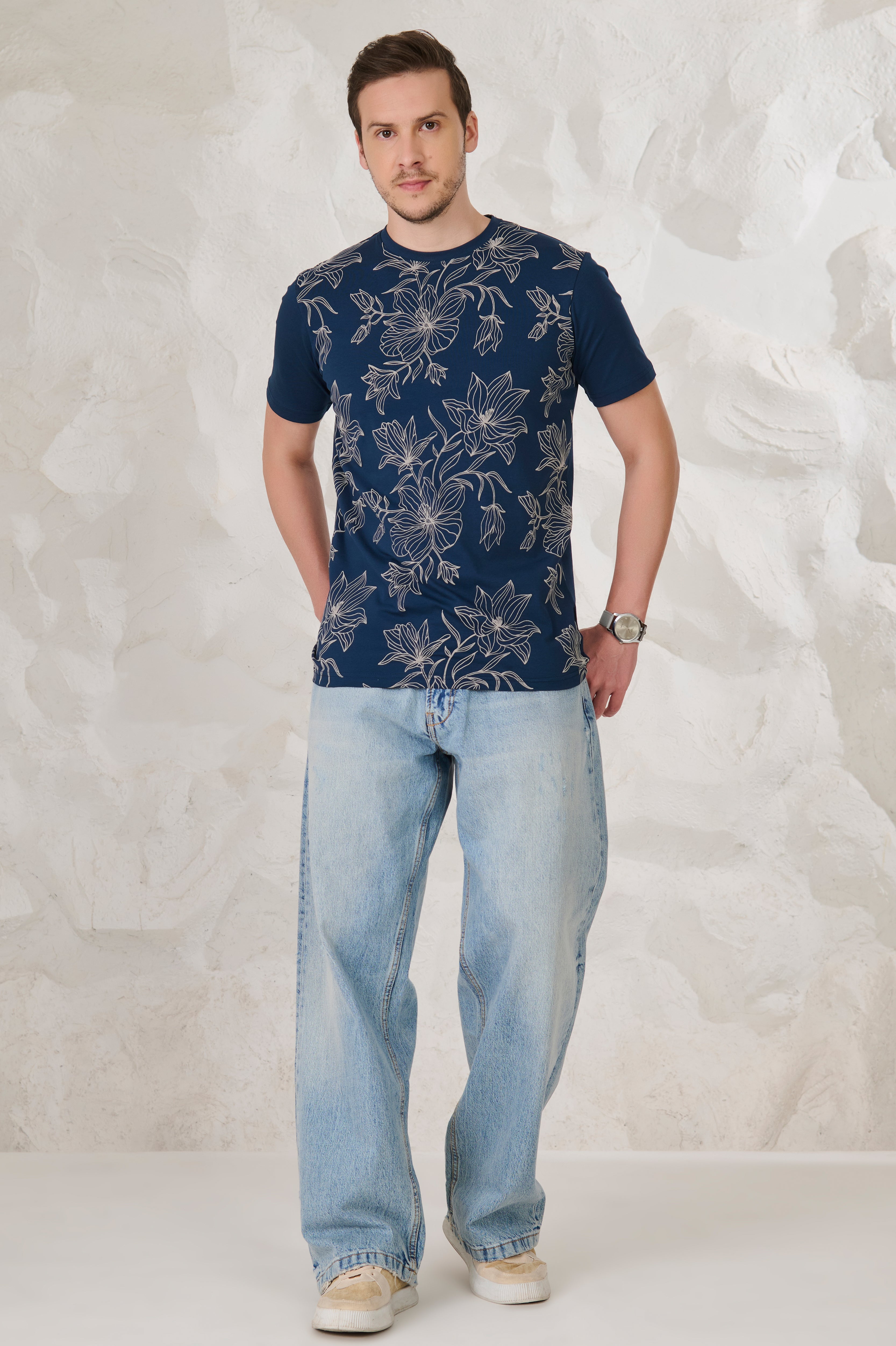 Buy Dahlia Doodle Stretch T-Shirt - Teal Online Shopping view 5