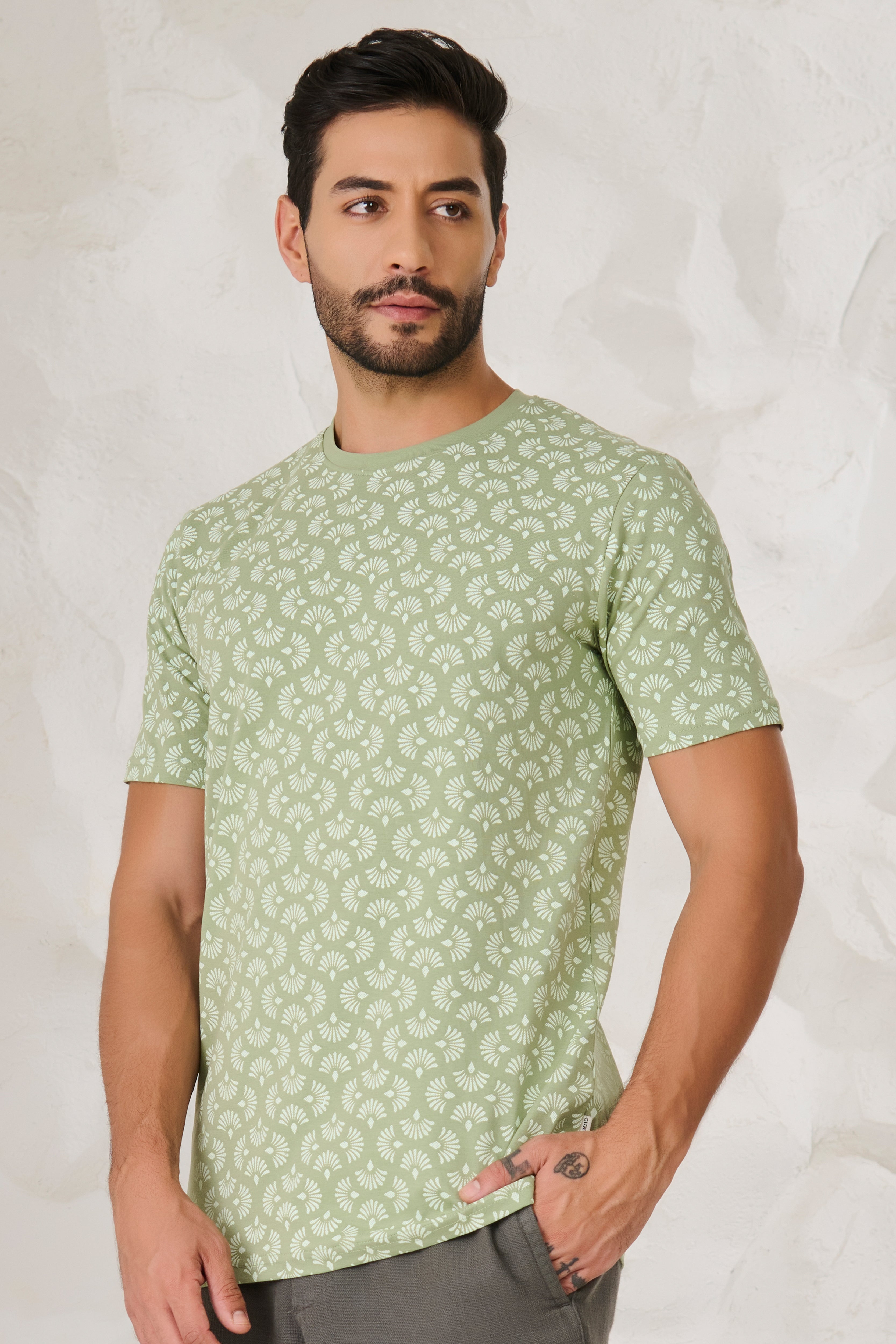 Buy Palm Leaves Stretch T-Shirt - Green Online Shopping view 2