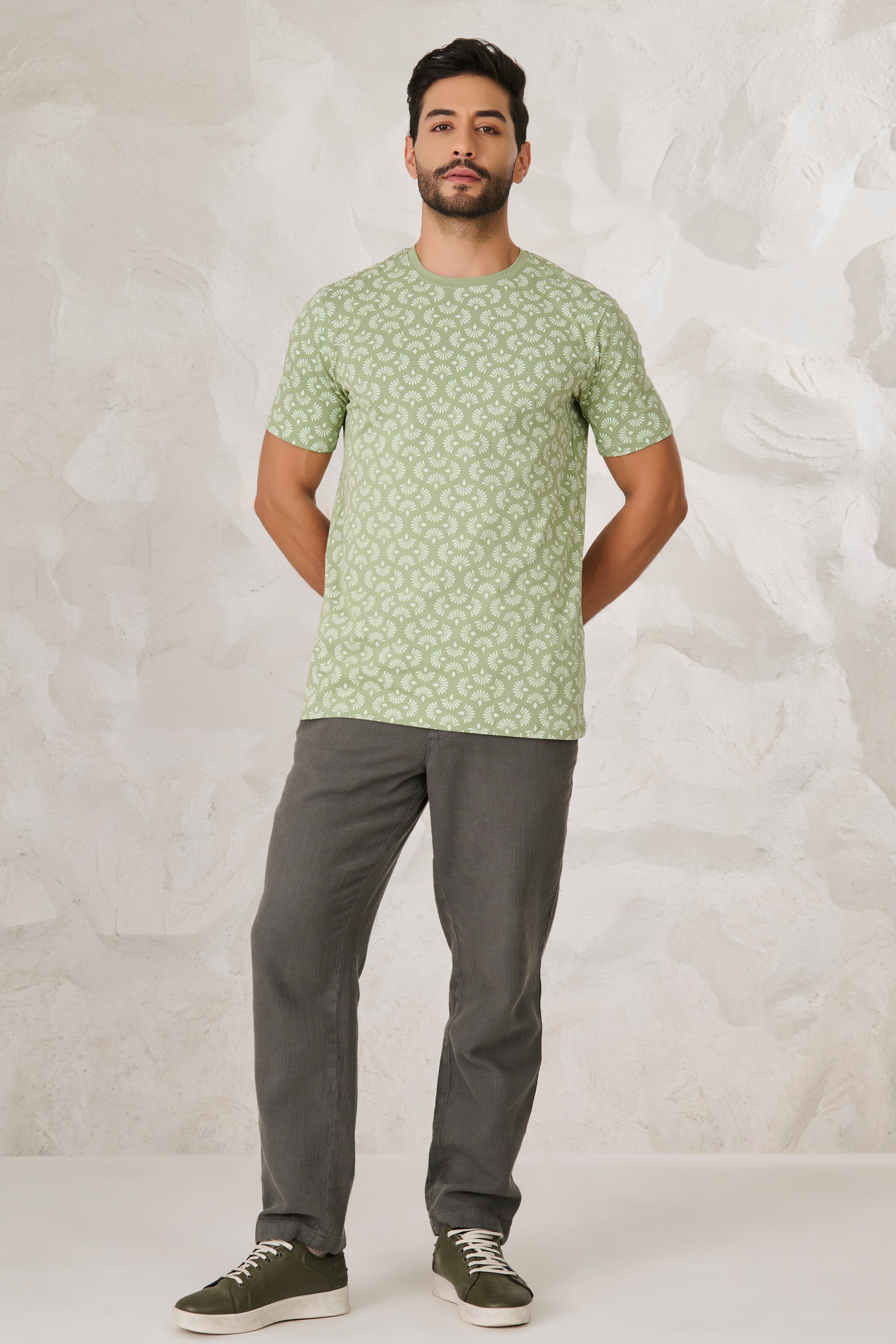 Buy Palm Leaves Stretch T-Shirt - Green Online Shopping view 5