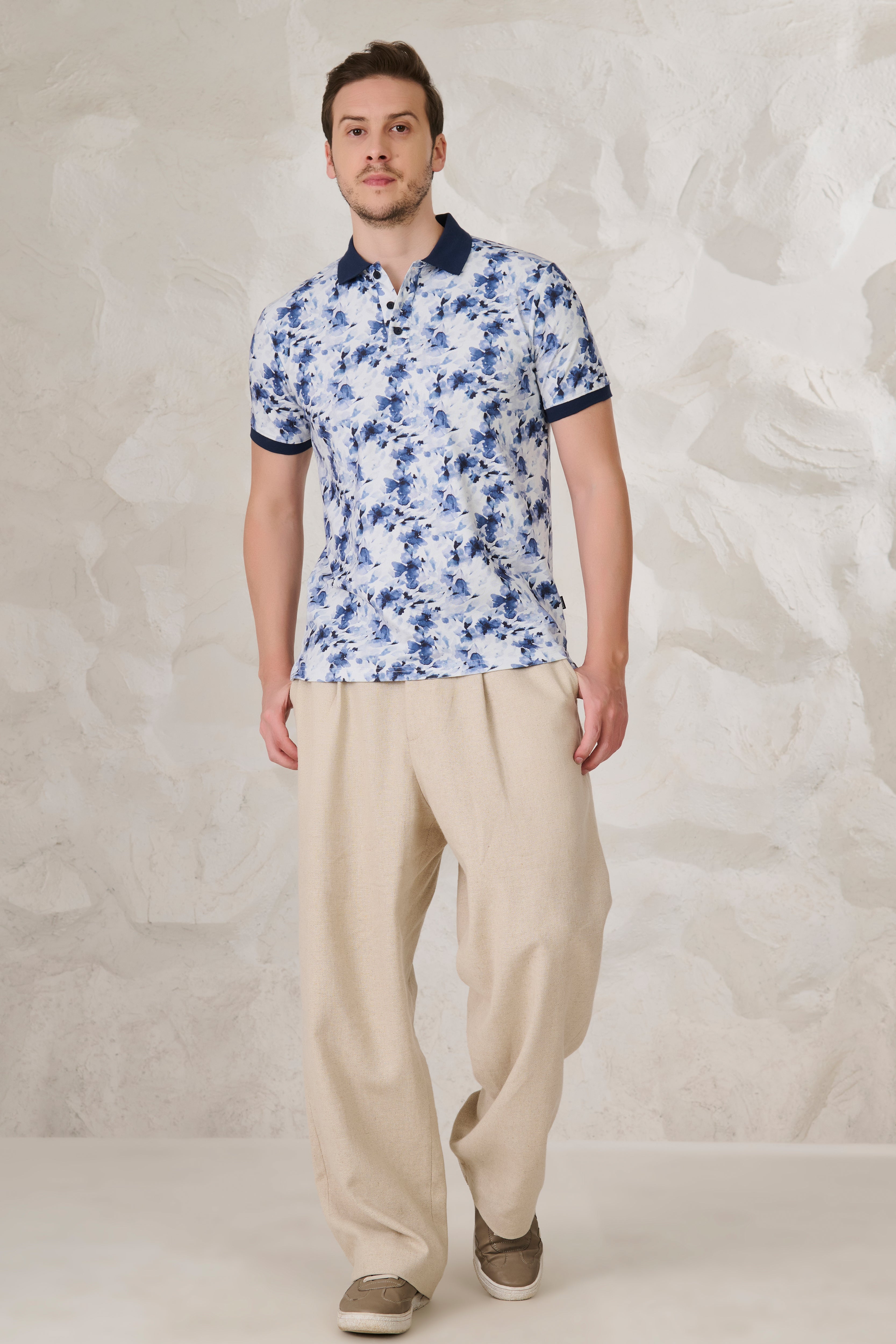 Buy Painted Blueflowers Polo - White Online Shopping view 5