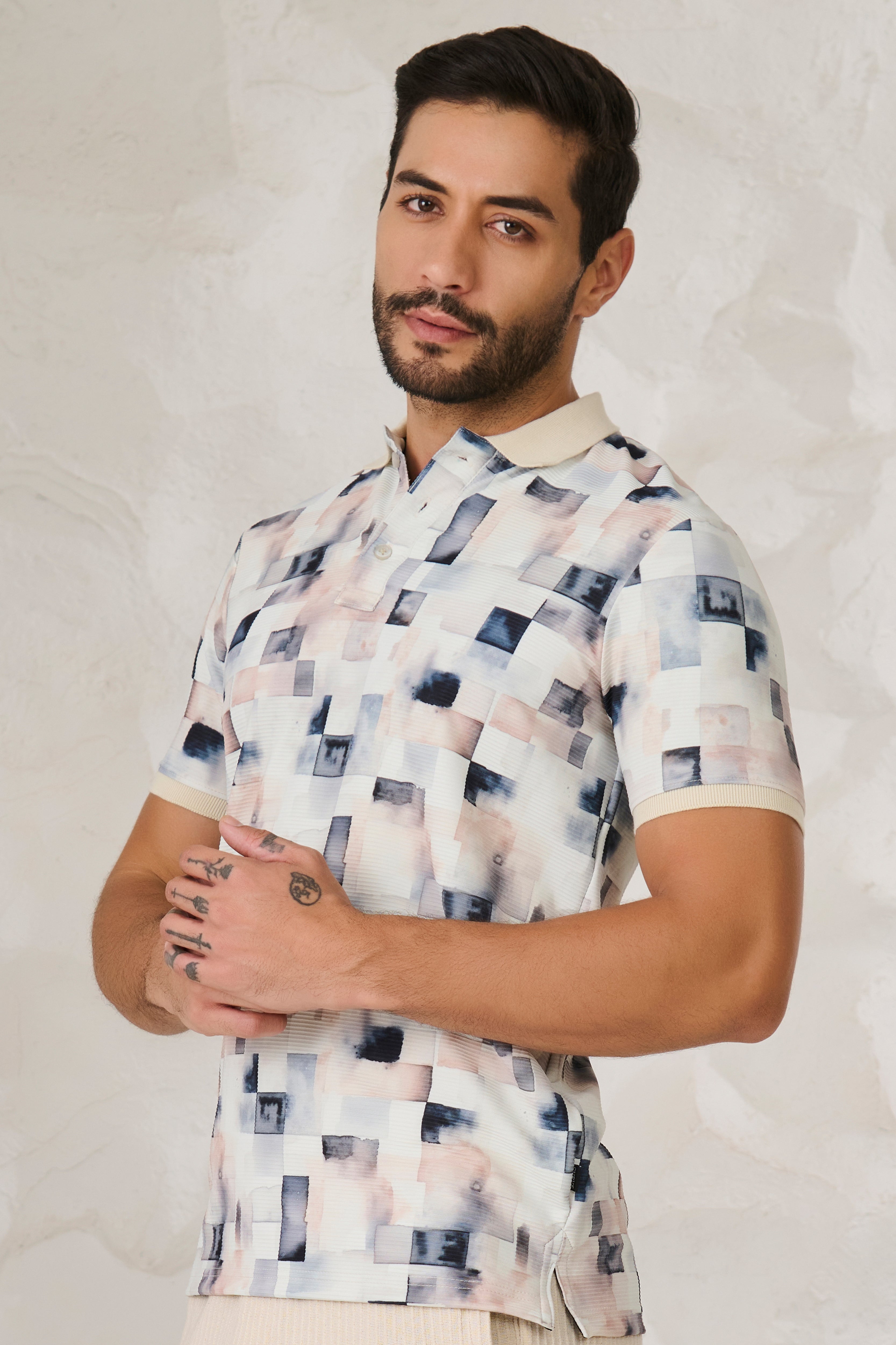 Buy Painted Squares Polo - White Online Shopping view 2