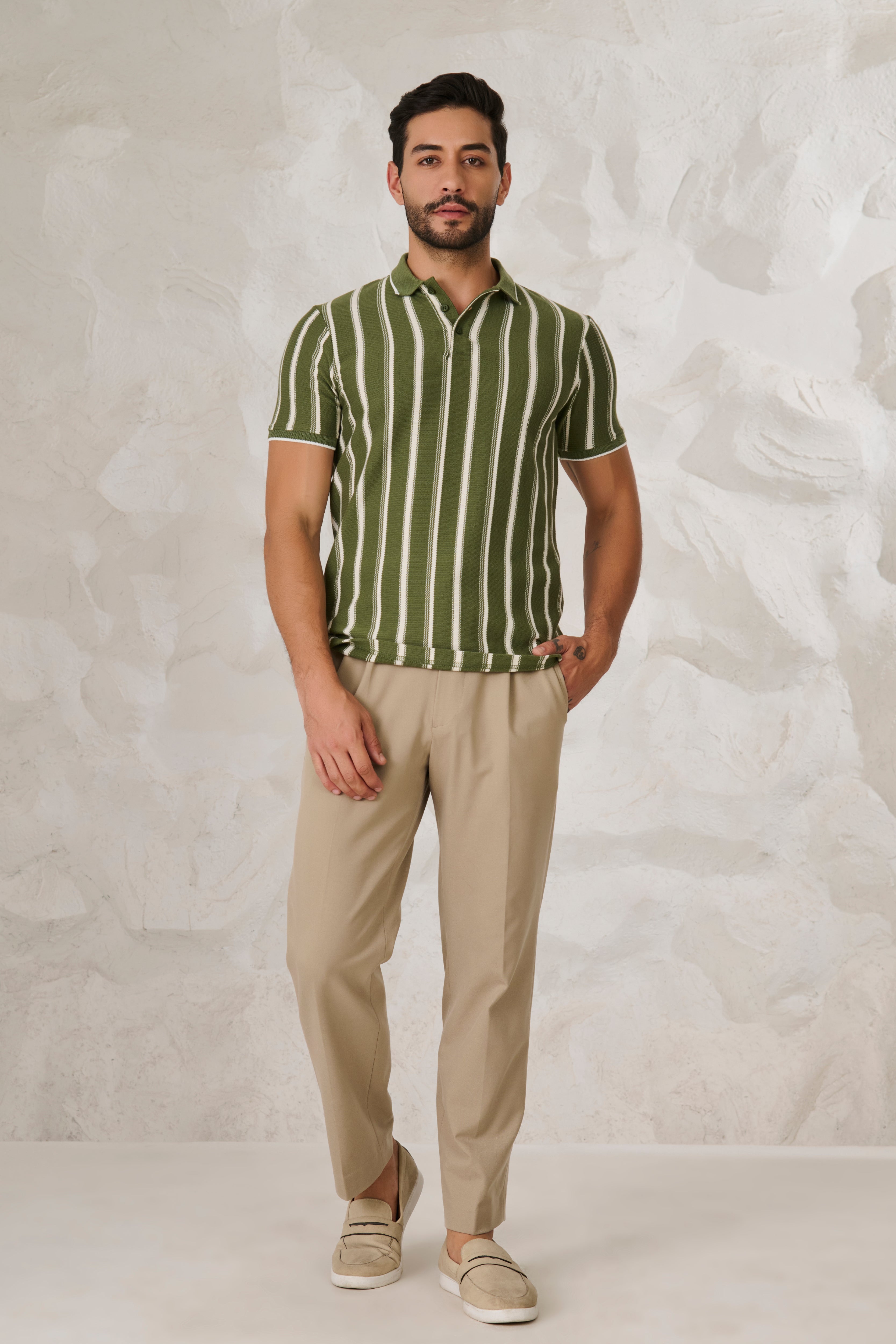 Buy Broad Stripe Textured Polo - Green Online Shopping view 5